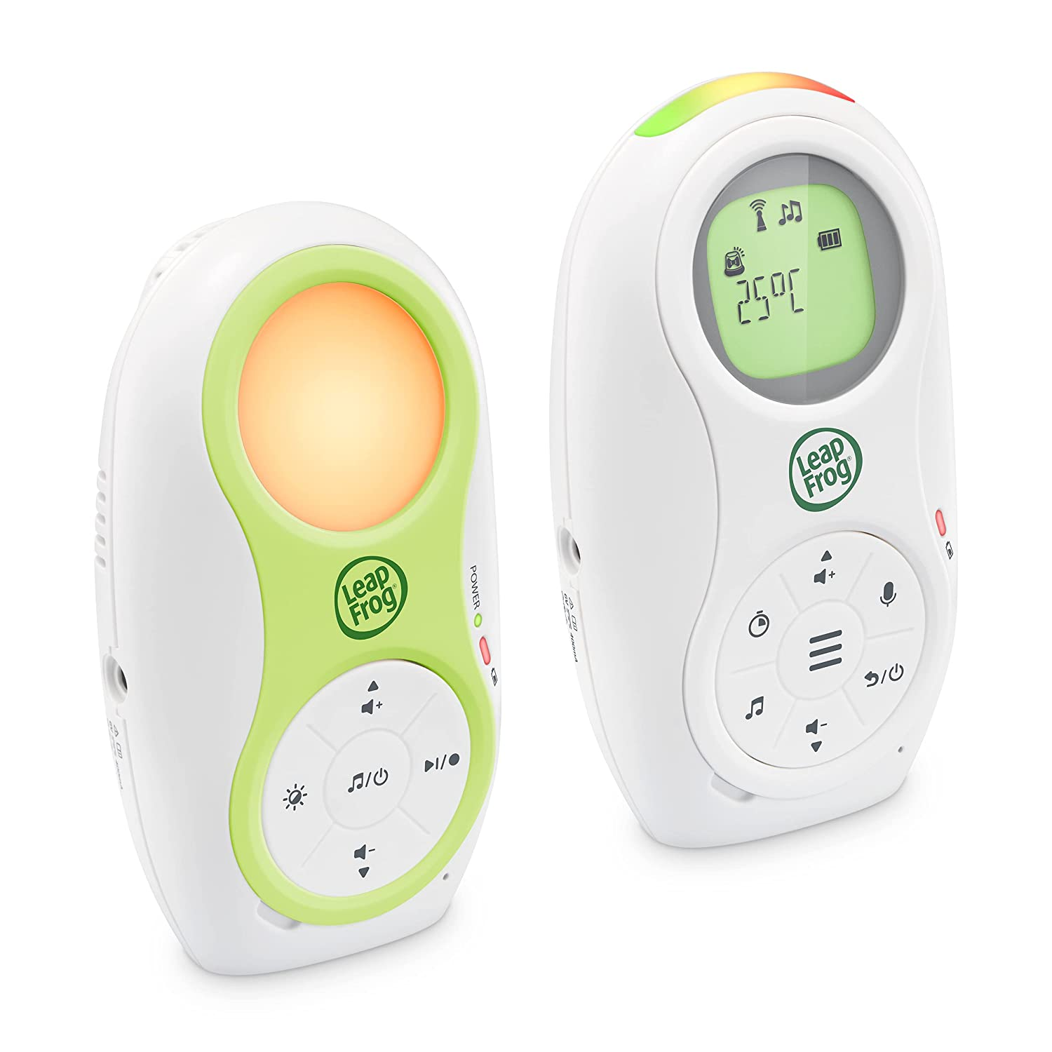 Zwei weiße und grüne Babyphone, eines mit grünem Bildschirm und das andere mit farbigem Ringlicht.