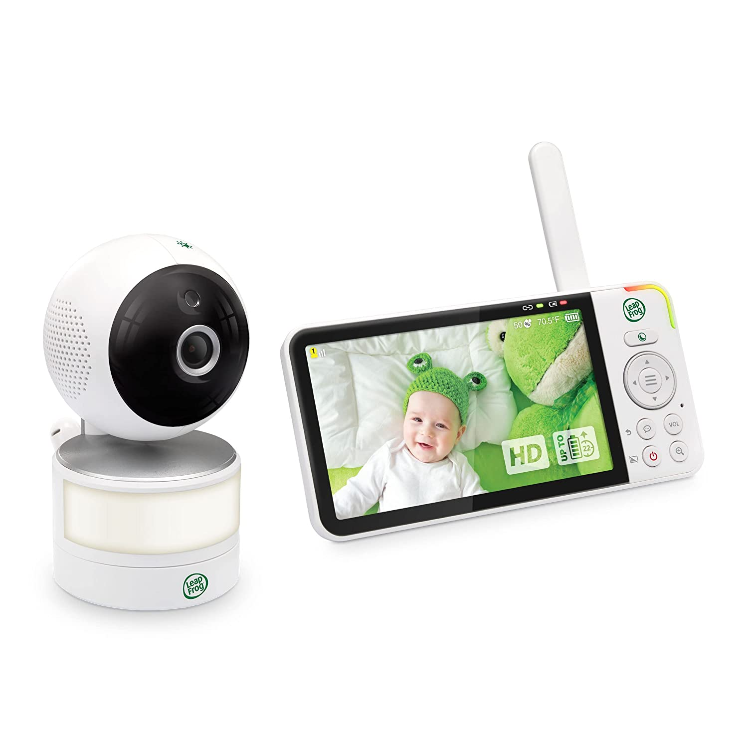 Babyphone mit Baby im grünen Hut und Kamera.