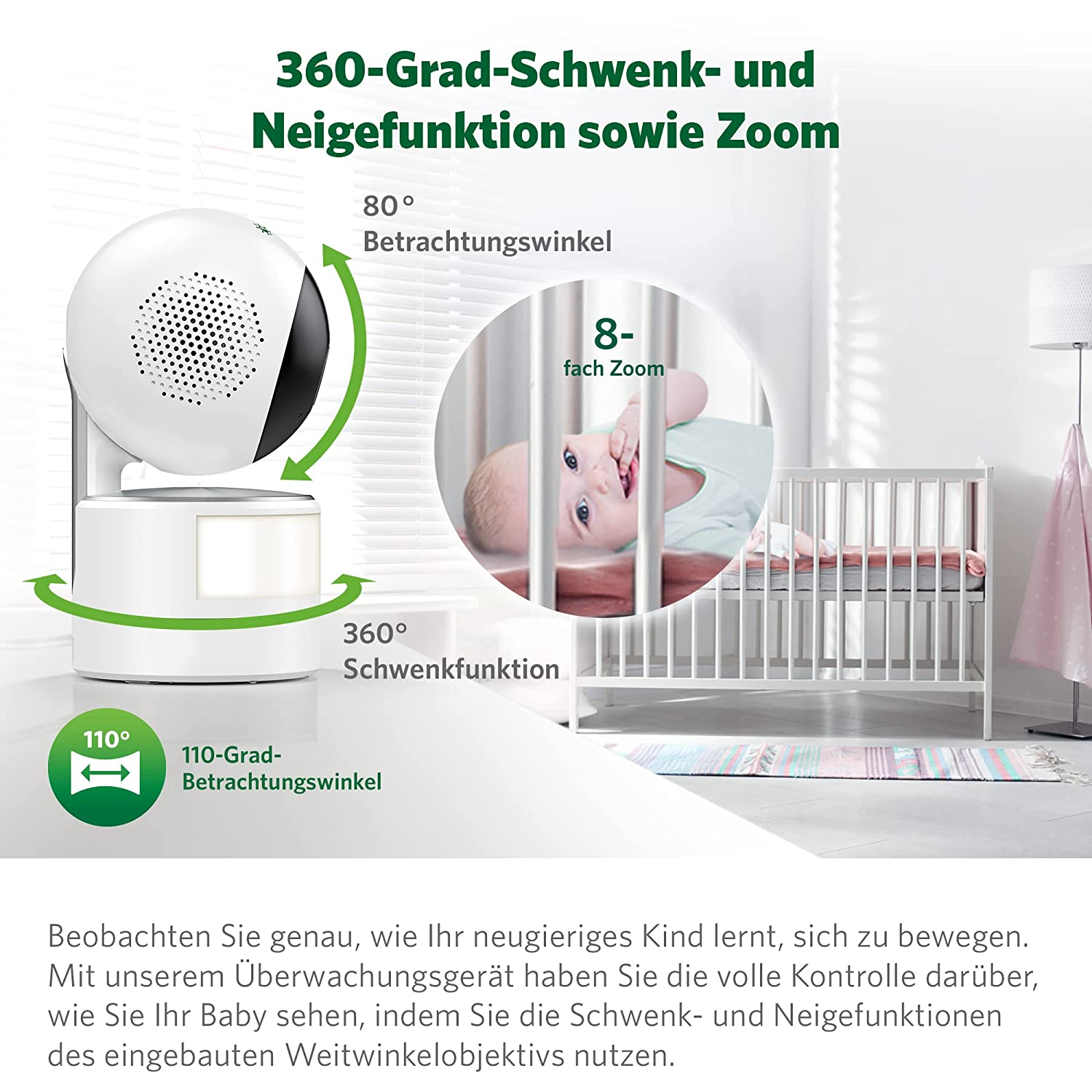 Babyphone mit einem Kinderbett im Hintergrund, Text über die Funktionen.