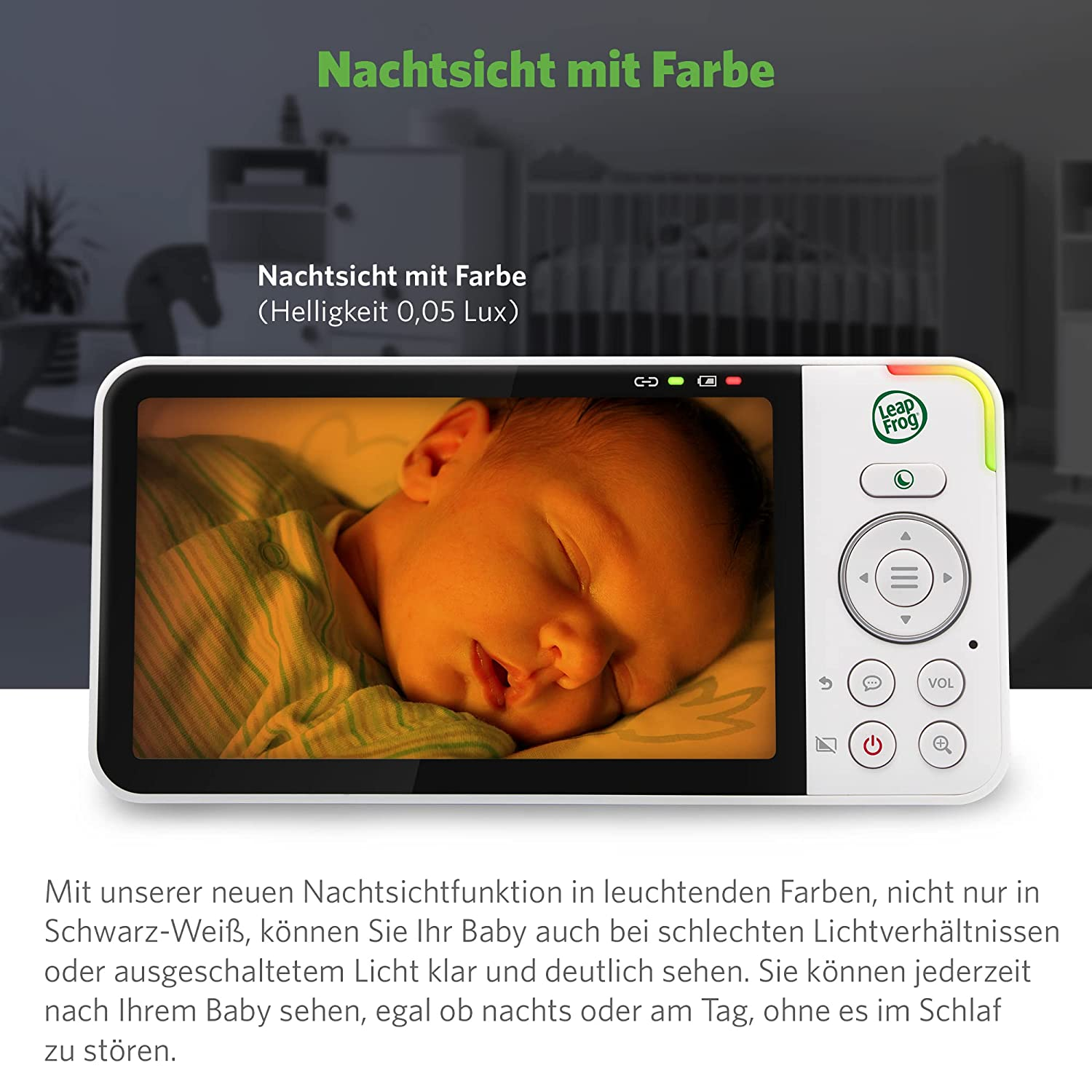 Babyphone mit schlafendem Baby auf dem Bildschirm. Tasten und Lautstärkeregler.