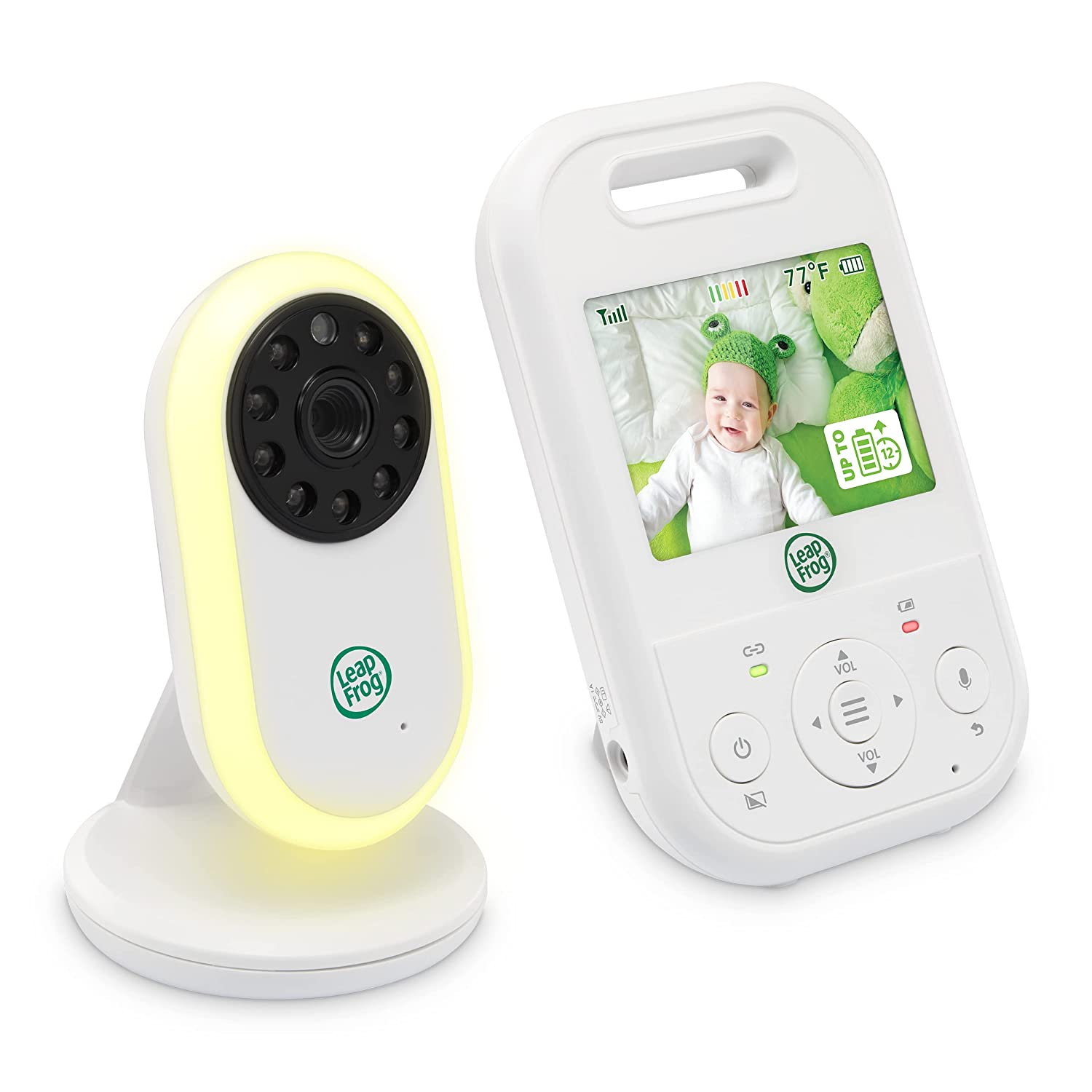 Ein Babyphone mit einer Kamera und einem Bildschirm, auf dem ein Baby zu sehen ist.
