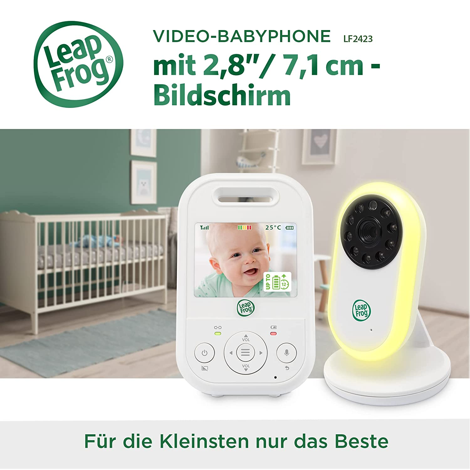 Babyphone mit Baby auf dem Bildschirm, mit Krippe im Hintergrund und dem Leap Frog Logo.
