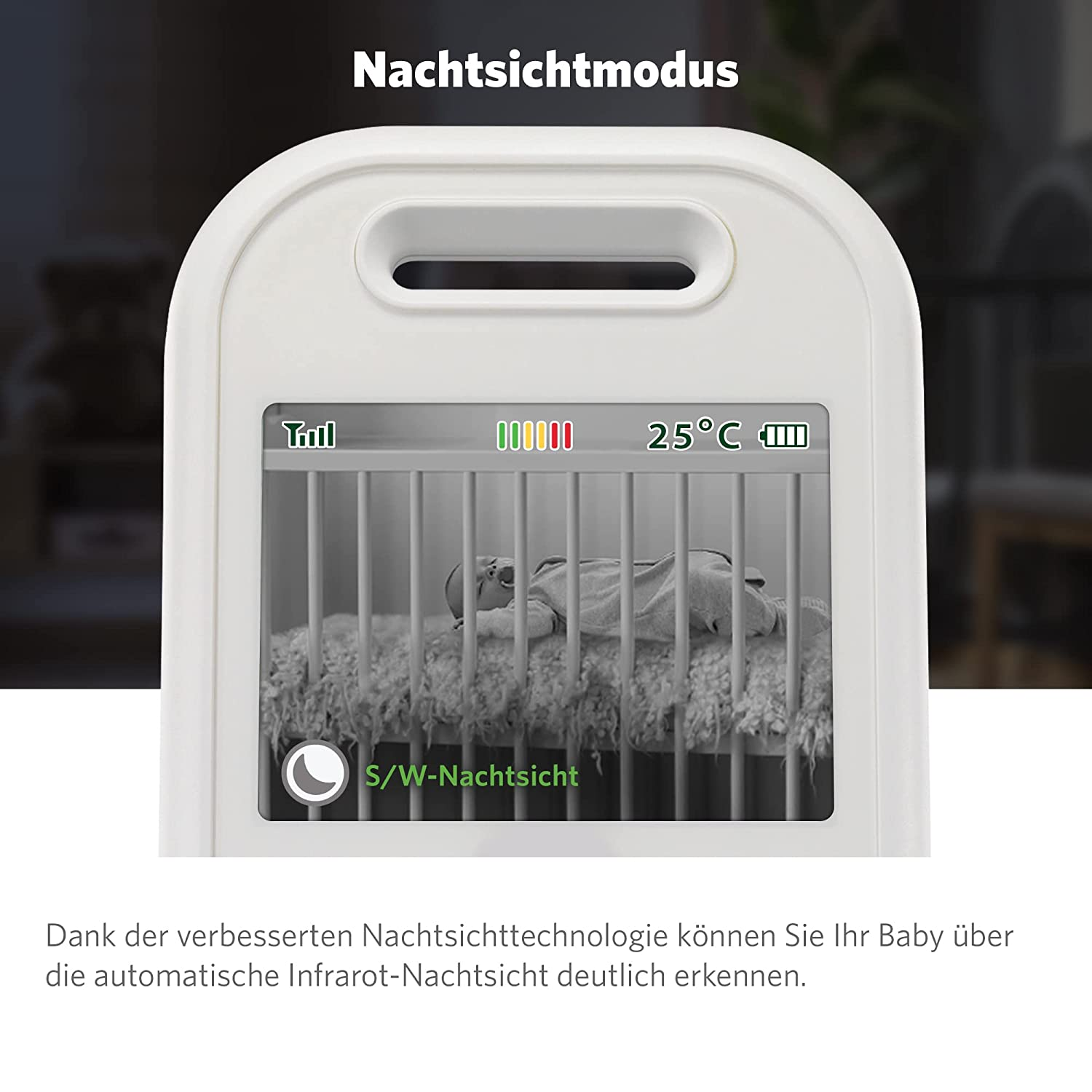 Babyphone-Bildschirm mit Baby im Bett. Anzeige von Akku und Temperatur.
