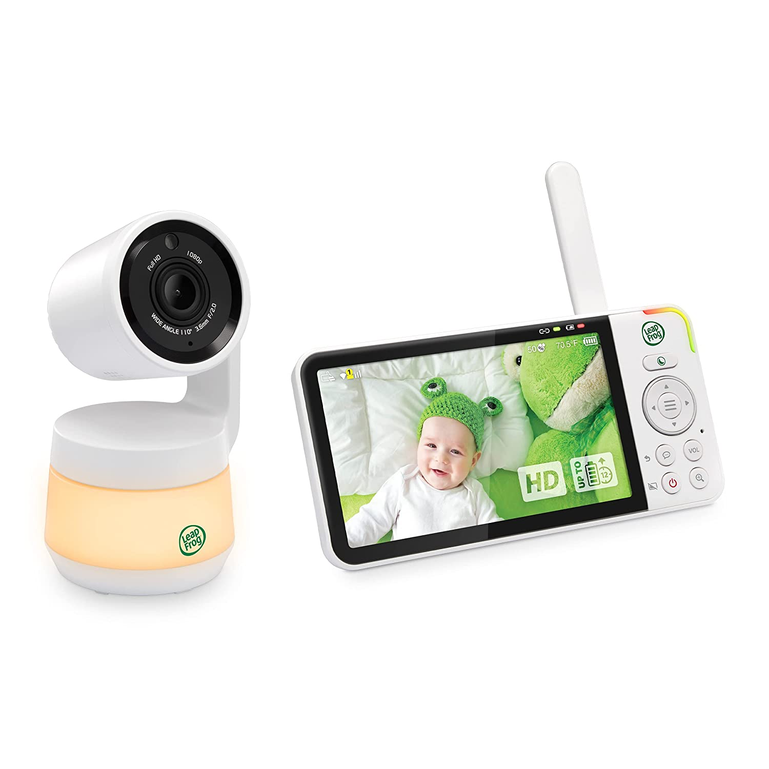 Un baby monitor con una telecamera e uno schermo. La telecamera è bianca e lo schermo mostra un bambino.