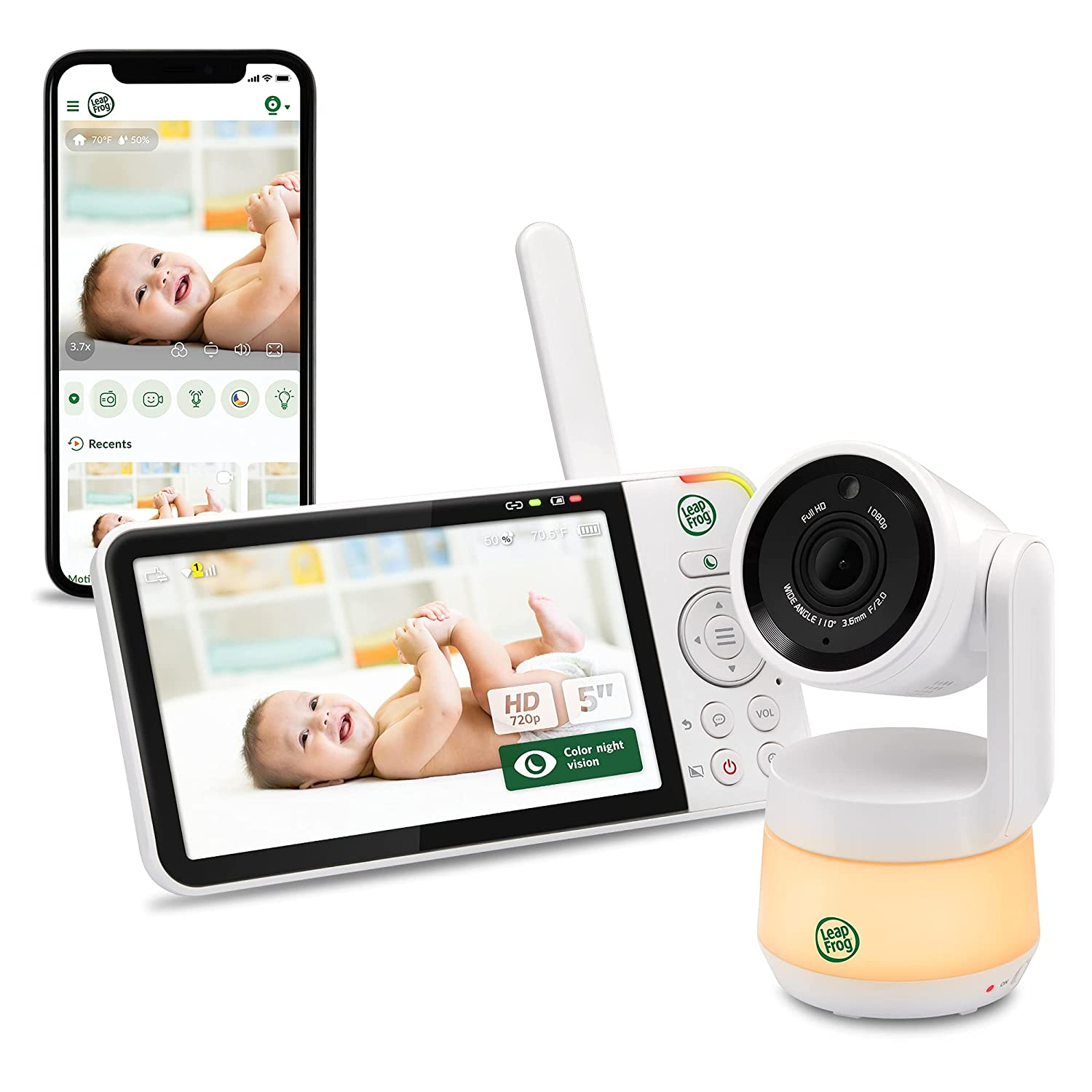 Un set di baby monitor, con un telefono che mostra un'immagine del bambino, un monitor che mostra un bambino e una telecamera bianca.