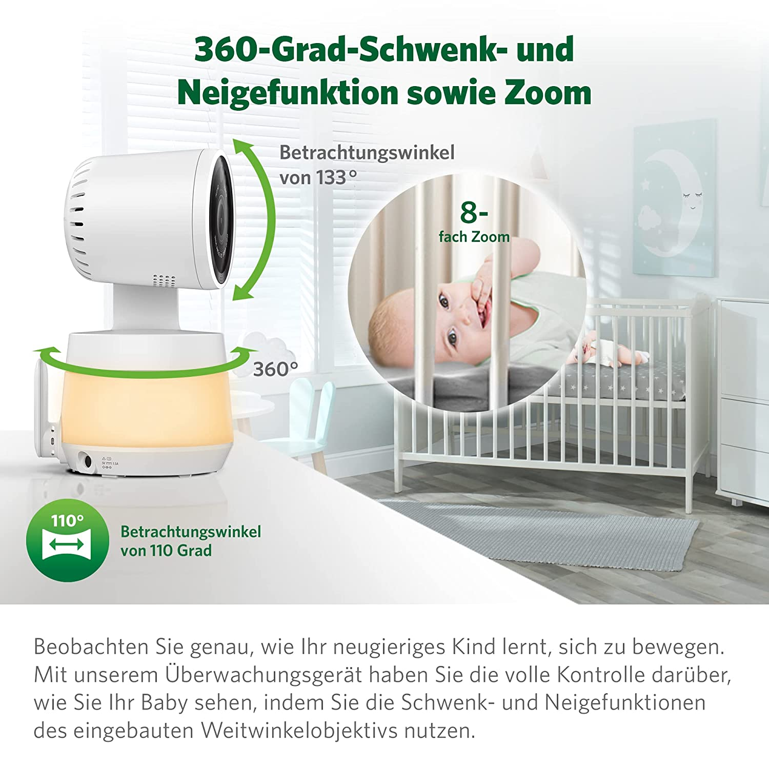 Un baby monitor con rotazione a 360 gradi e vista a 110 gradi. Anche bambino in una culla.