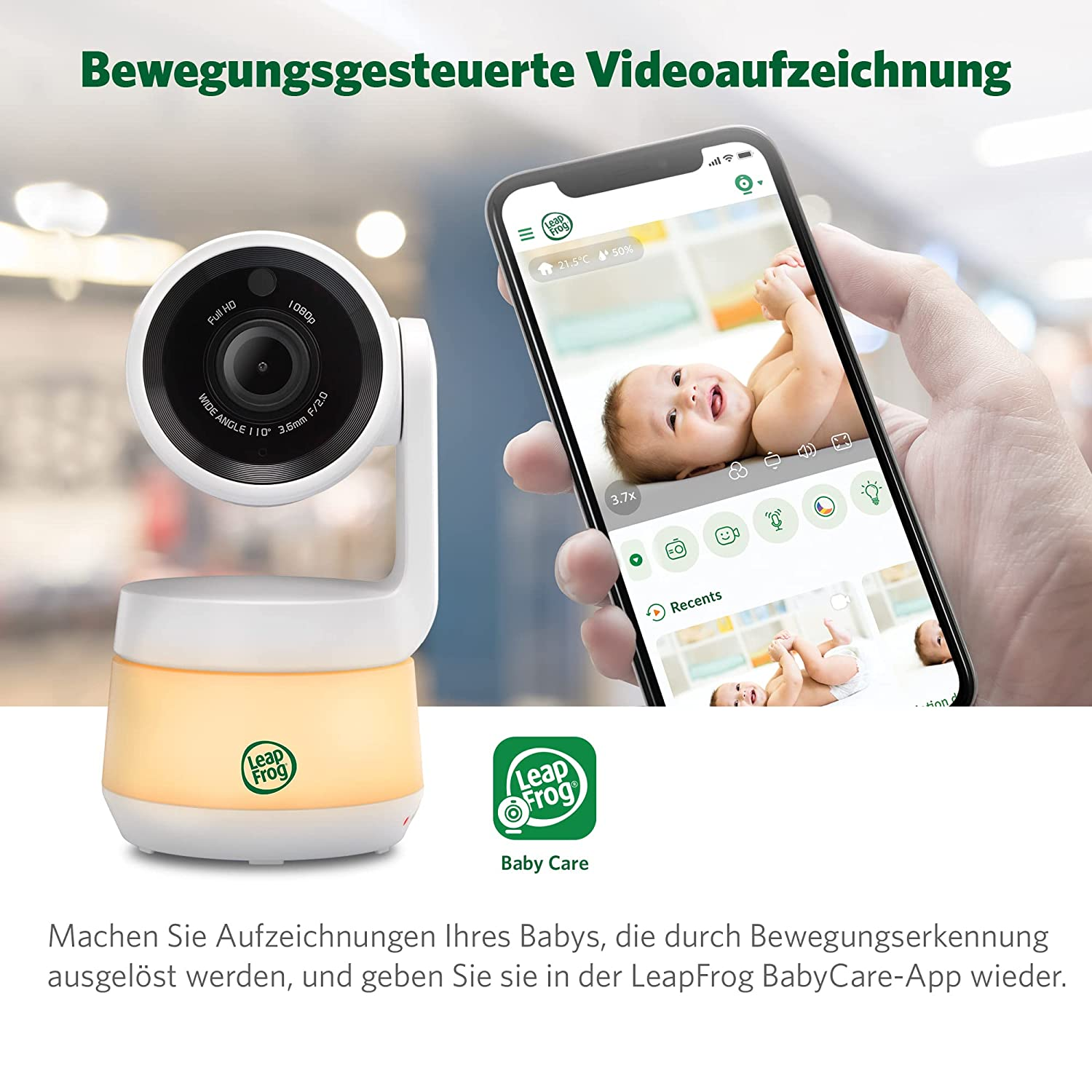 Un baby monitor con una telecamera e uno schermo del telefono che mostra il bambino.