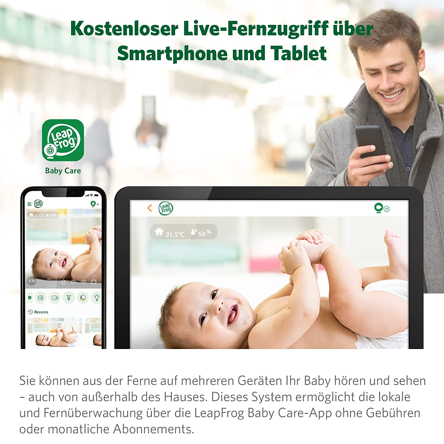 Uomo usa telefono per vedere baby monitor. Bambino sullo schermo. Accesso remoto live gratuito via smartphone.