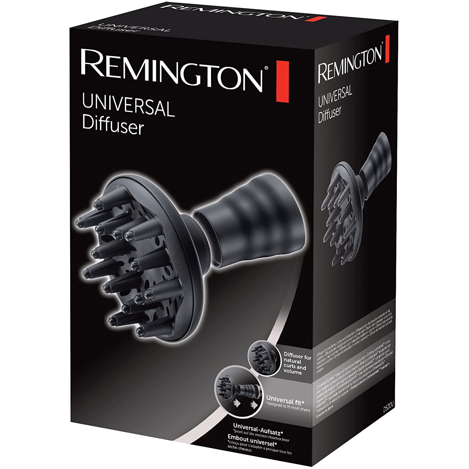Eine schwarze Schachtel eines Remington Universal Diffusors. Die Schachtel zeigt das Produkt und seine Eigenschaften.