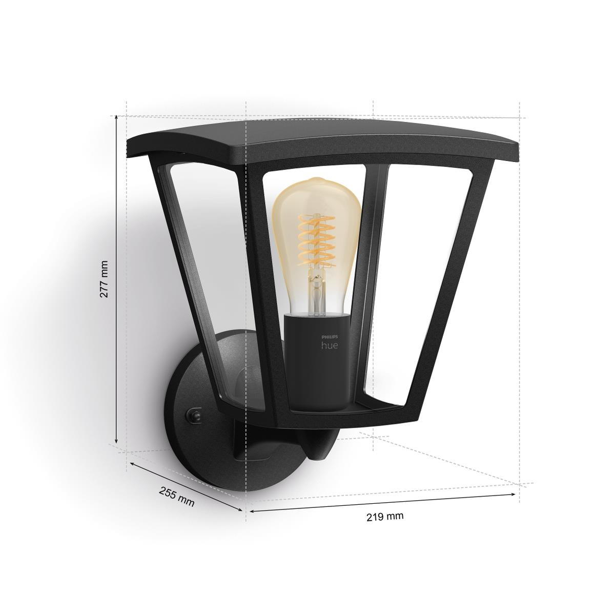 Schwarze Außenlampe mit Glühbirne, Abmessungen gezeigt. Weißer Hintergrund.