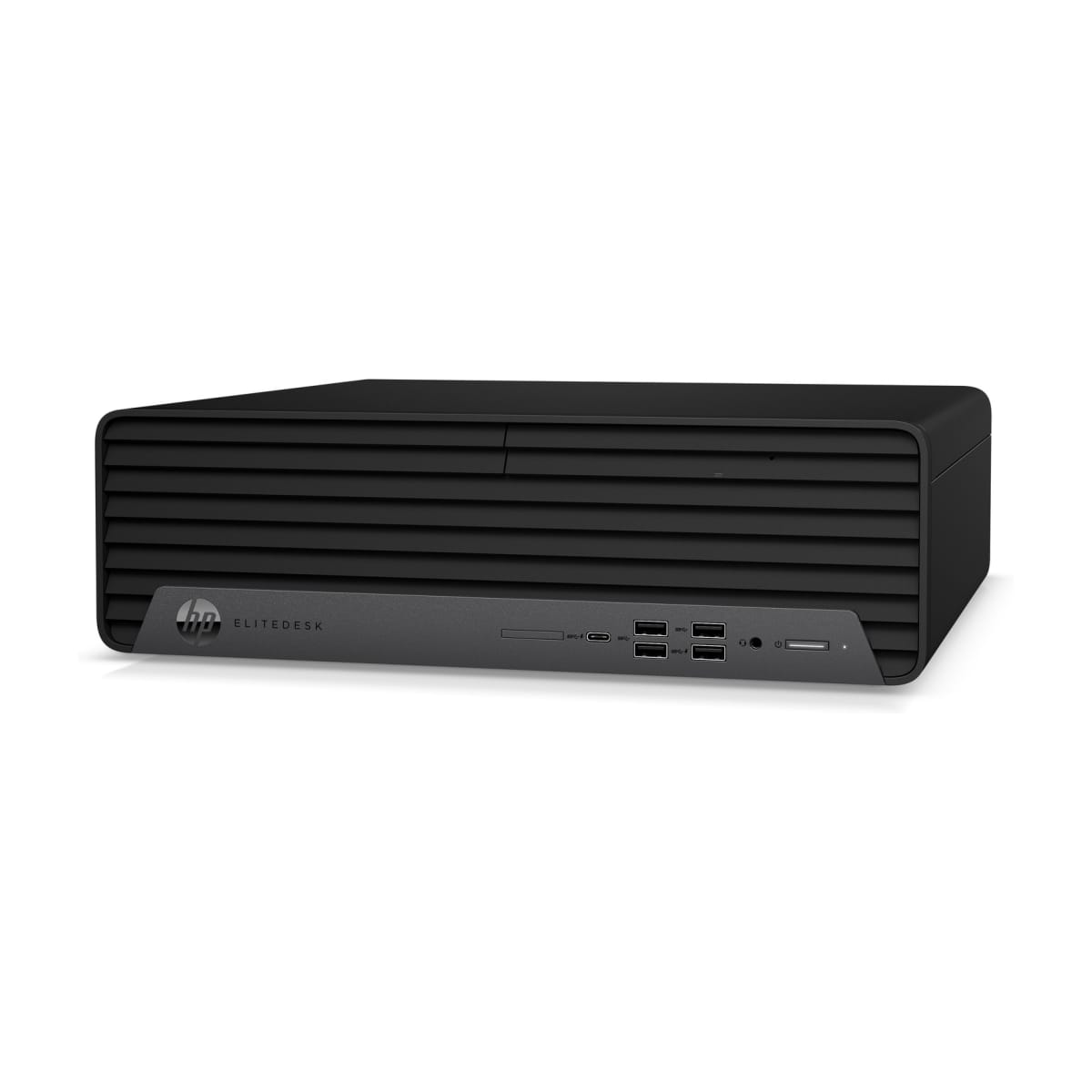 Un computer HP Elitedesk nero con un pannello frontale contenente porte e il logo HP.