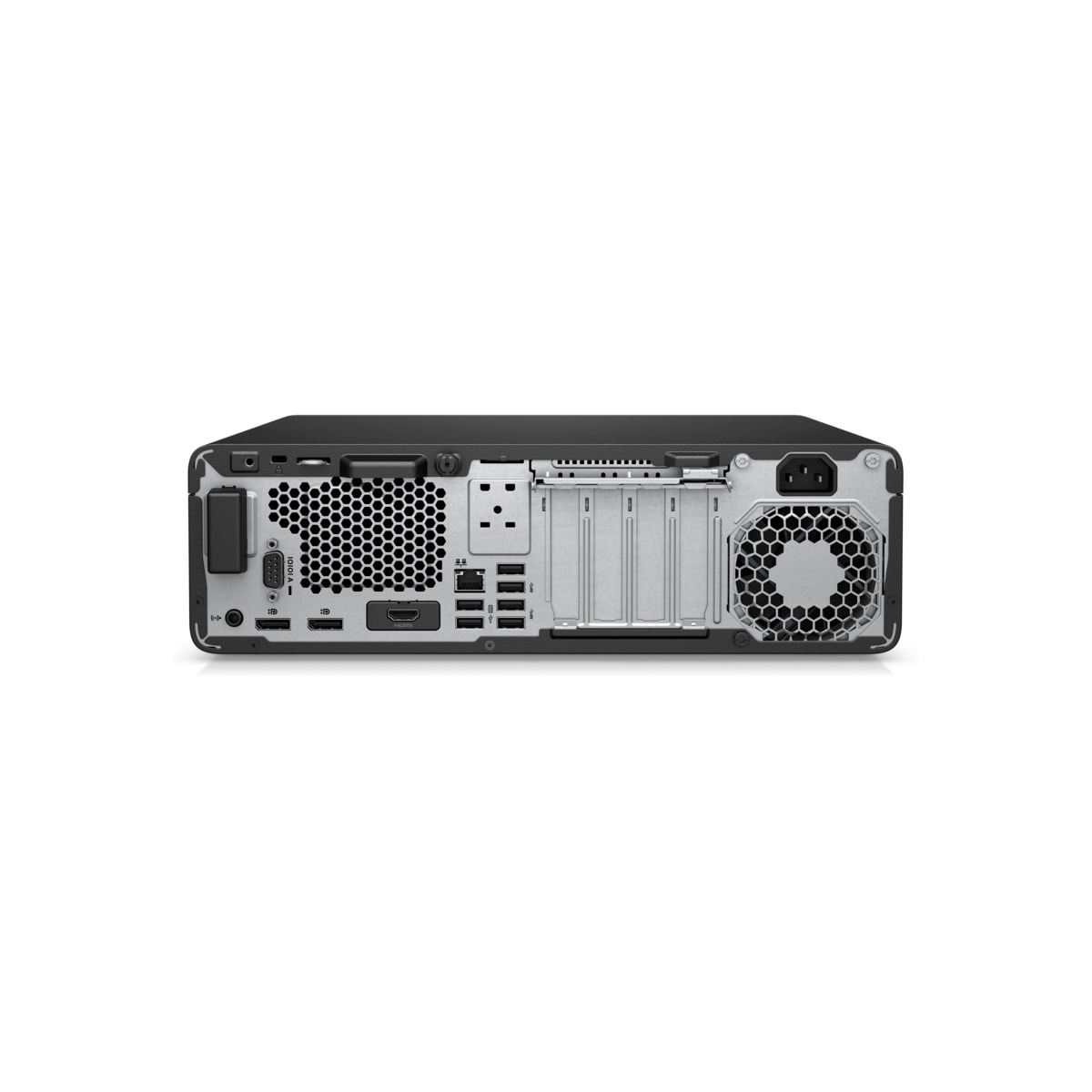 Vista posteriore di un computer nero. Porte, ventola e componenti hardware.