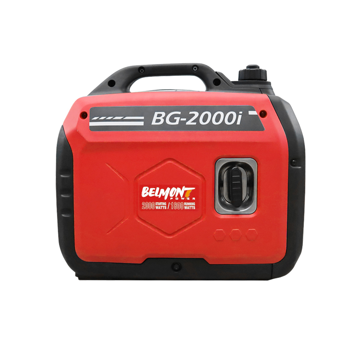 Roter und schwarzer tragbarer Generator mit Griff und Text.