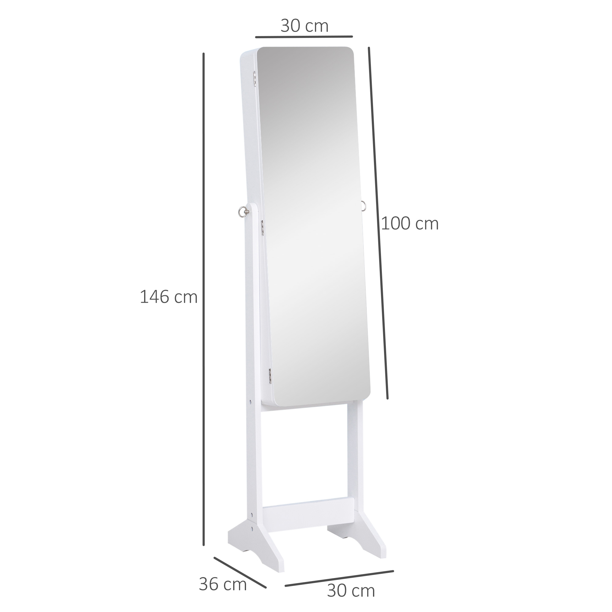 Armario joyero blanco con espejo de cuerpo entero. Dimensiones: 146cm Al, 30cm An, 36cm Pr.