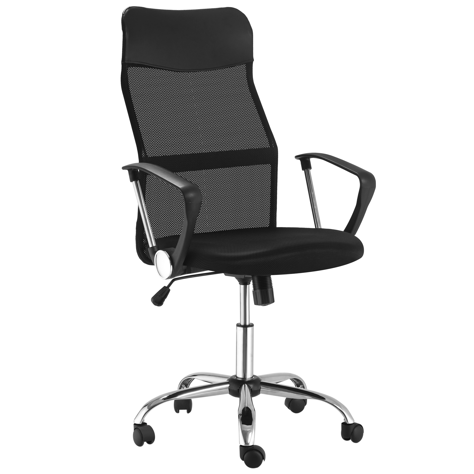 Sedia da ufficio nera con schienale in rete. Base cromata. Ruote nere.