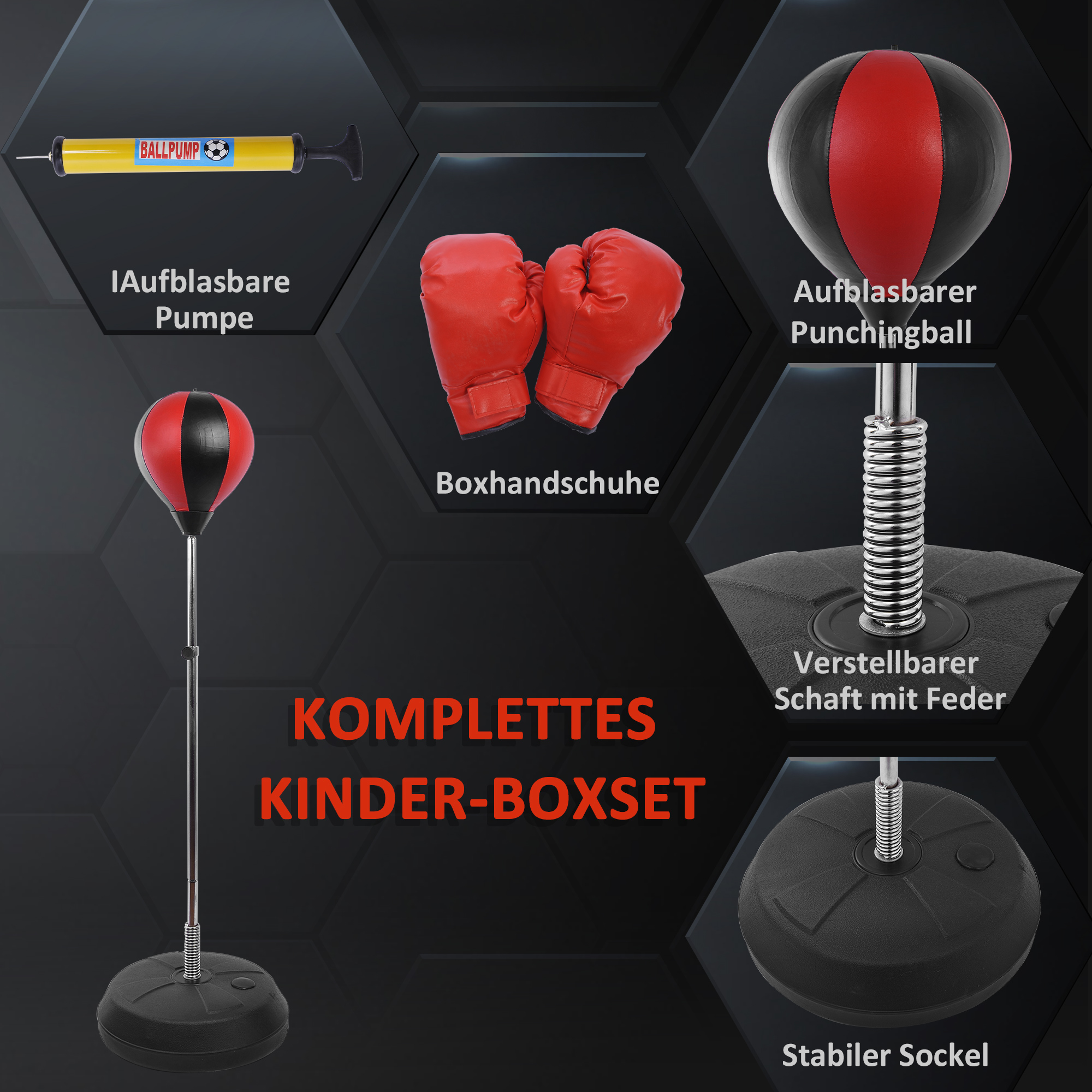 Komplettes Kinder-Boxset beinhaltet eine Pumpe, Handschuhe, Boxsack und Ständer.