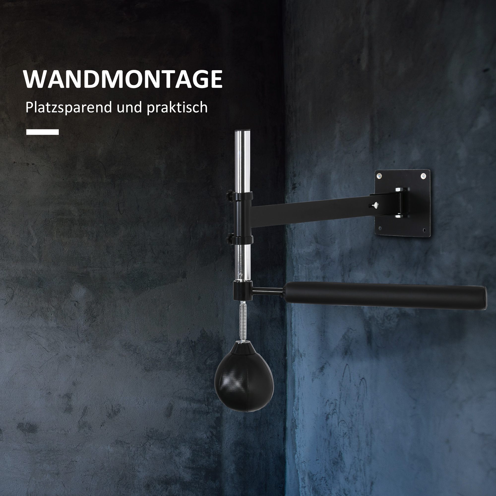 Ein schwarzes Speedbag-Setup, das an einer dunkelgrauen strukturierten Wand montiert ist. Text: „WANDMONTAGE“ und „Platzsparend und praktisch“.