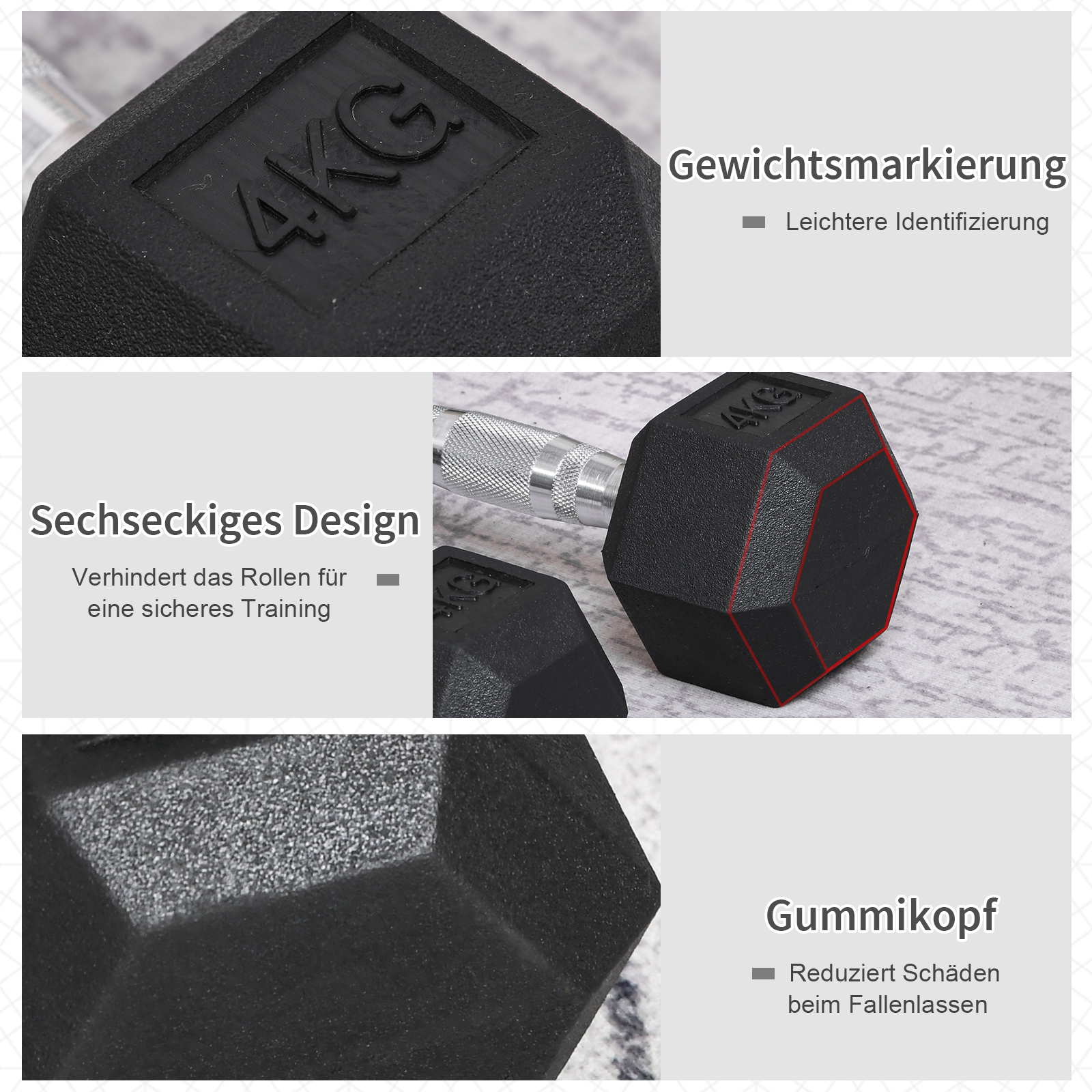 Nahaufnahme einer schwarzen Hantel mit 4KG Markierung. Sechseckiges Design. Schwarzer Hintergrund.