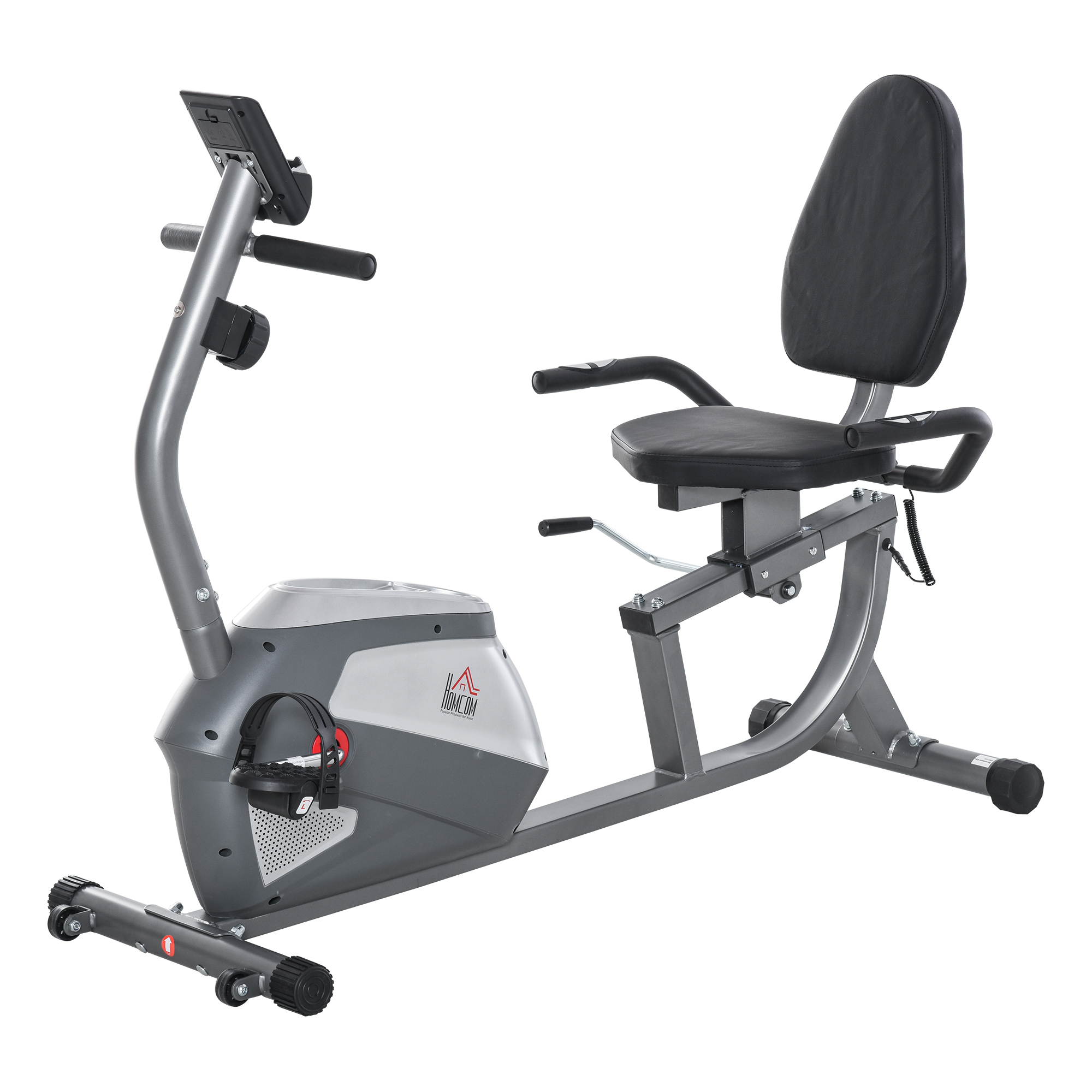 Ein graues Heimtrainer-Fahrrad mit schwarzem Sitz und Rückenlehne.