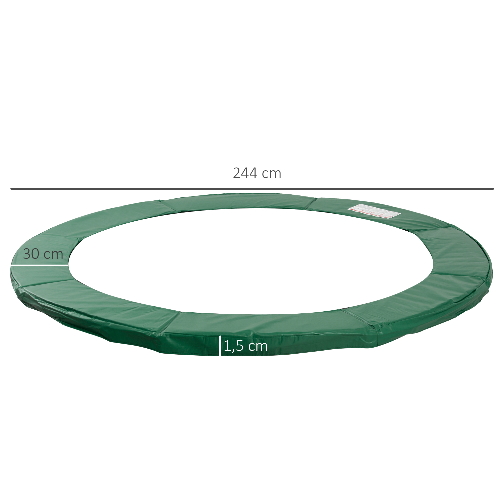 Una almohadilla de seguridad verde para trampolín, con dimensiones de 244 cm de largo y 30 cm de ancho, sobre un fondo blanco.