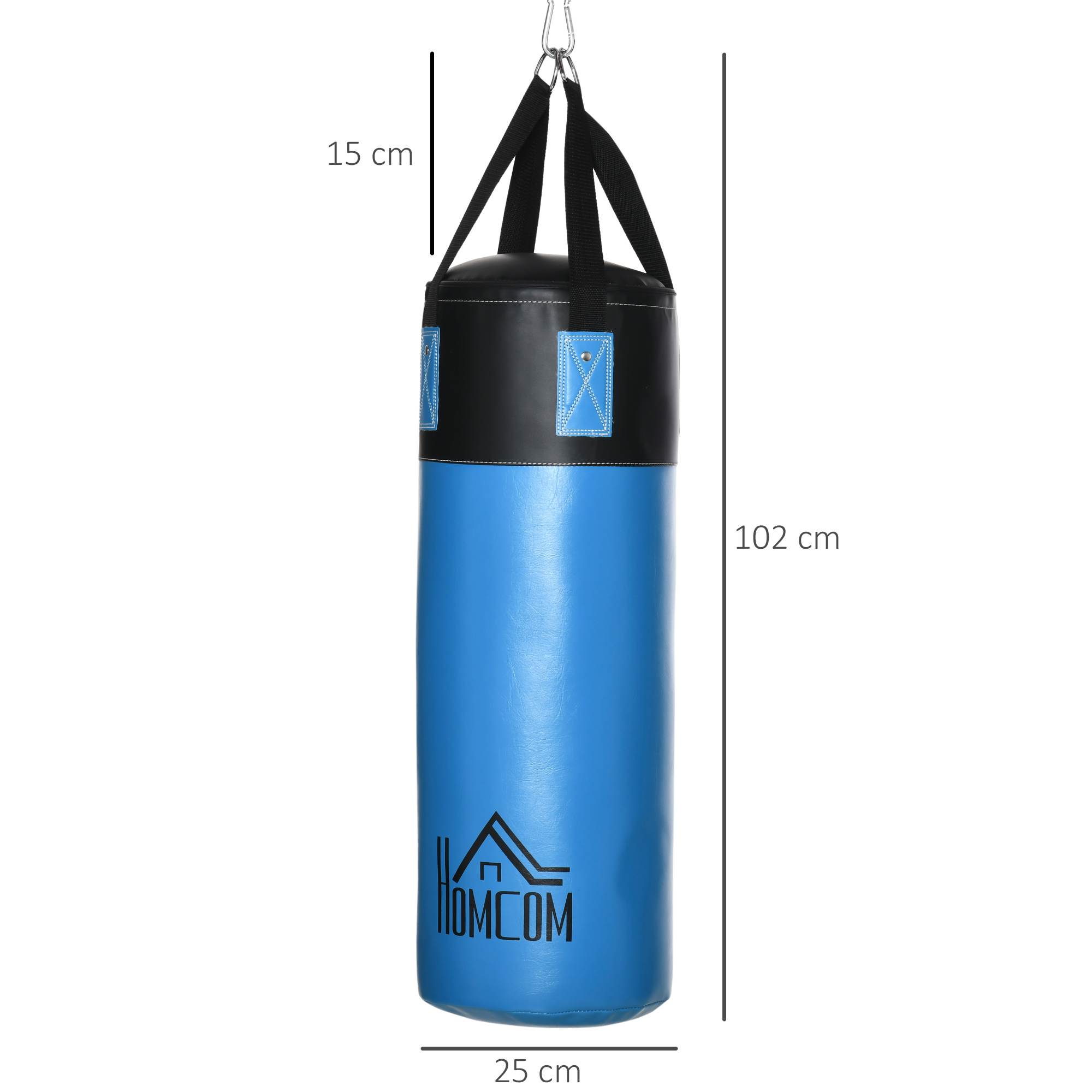 Saco de boxeo azul y negro, colgado. Tiene un logotipo blanco en la parte inferior. Se muestran las dimensiones.