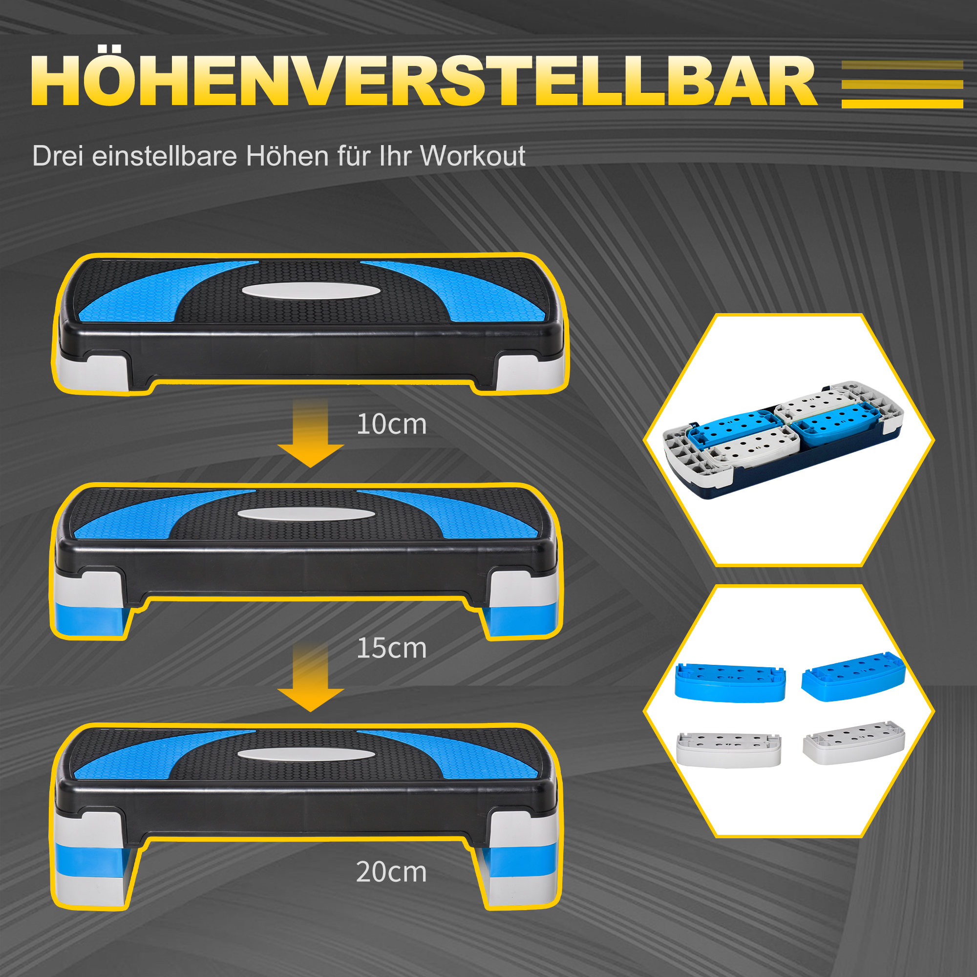 Drei verstellbare Stufen, jeweils in unterschiedlichen Höhen. Sie sind schwarz, blau und weiß.