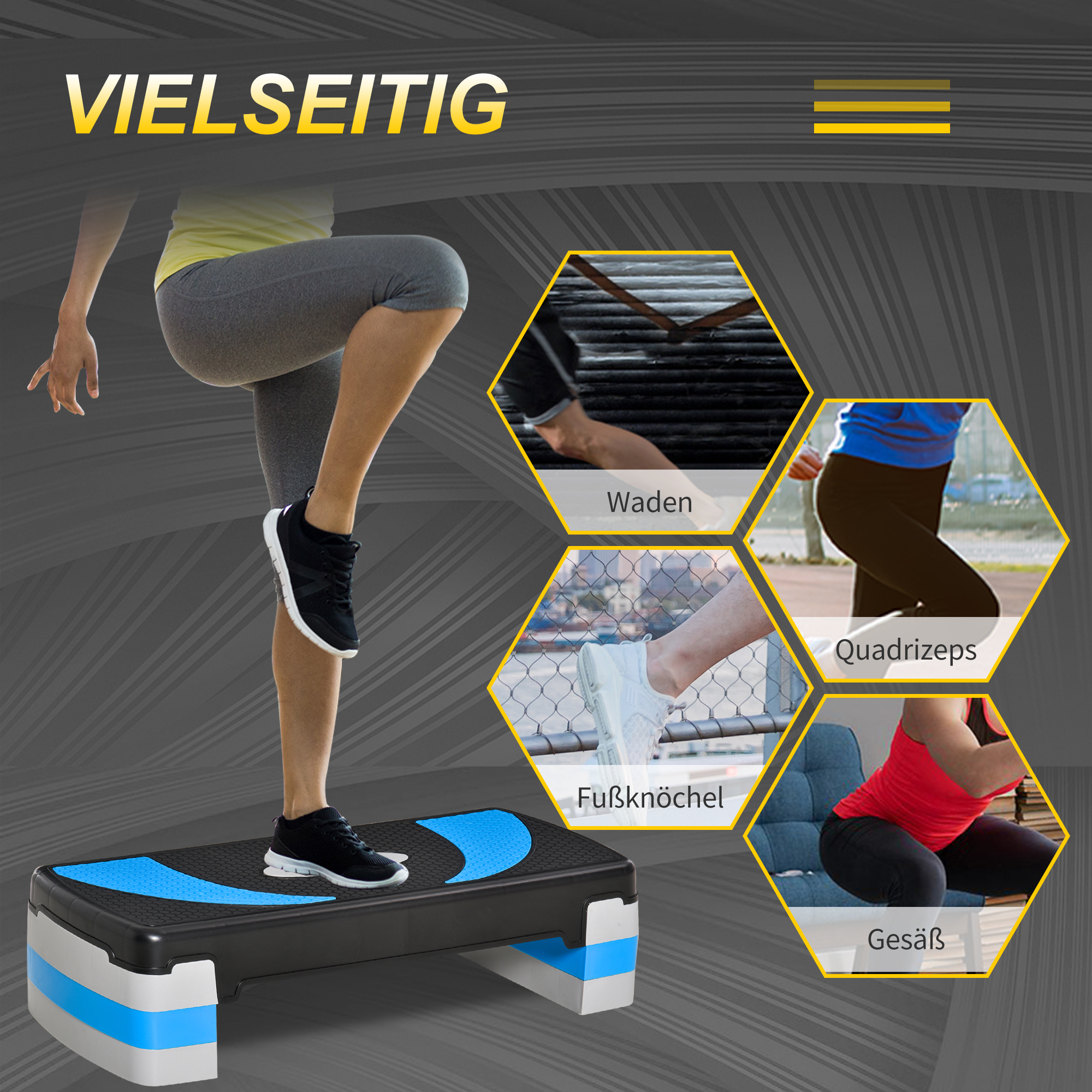 Frau macht Step-Übung. Bilder zeigen beteiligte Muskeln. Step-Plattform mit blau/schwarzer Oberfläche.