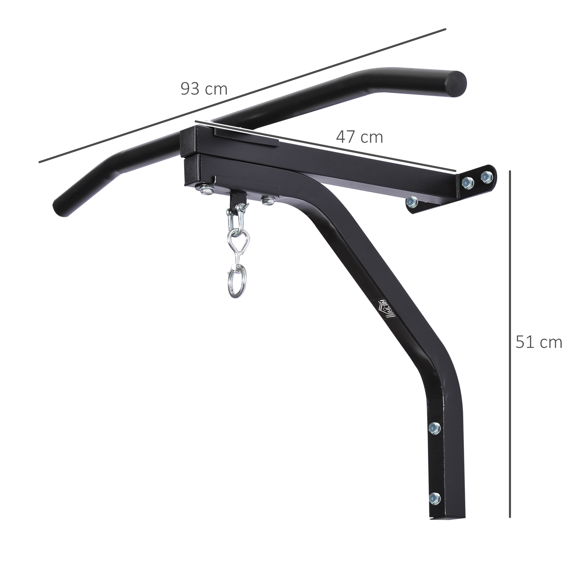 Barra de dominadas negra con medidas: 93cm, 47cm y 51cm. Tiene cadenas colgantes.