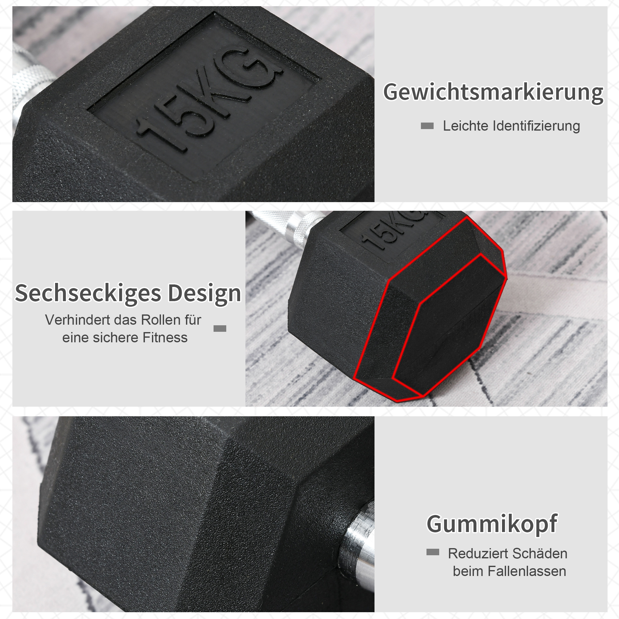 Nahaufnahme einer 15KG-Hantel mit hervorgehobenen Merkmalen.