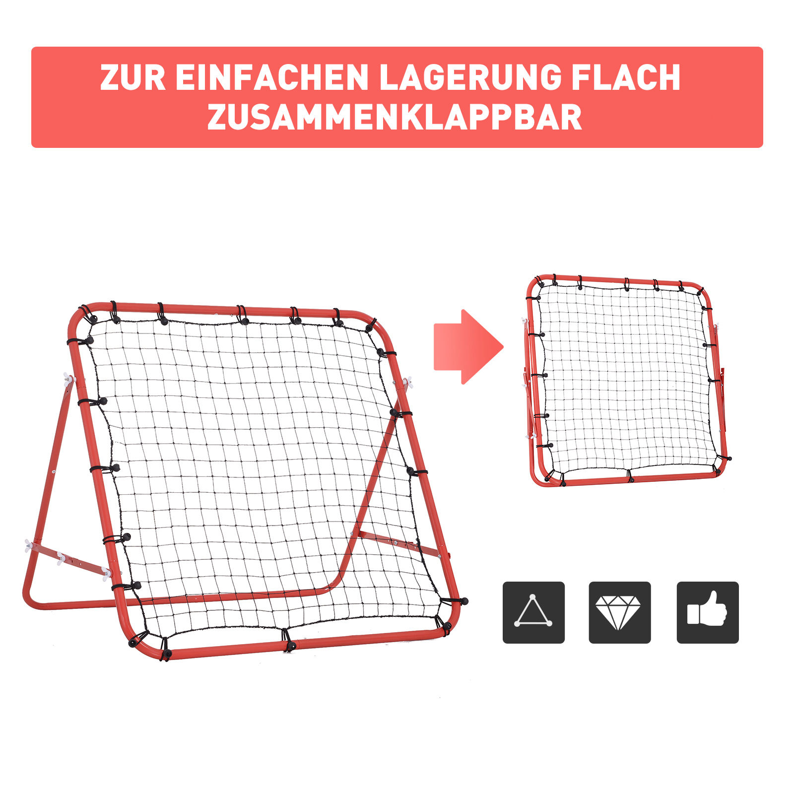 Rotes Netz- und Rahmen-Sporttrainingsgerät, faltbar, mit Pfeil, der den gefalteten Zustand zeigt.
