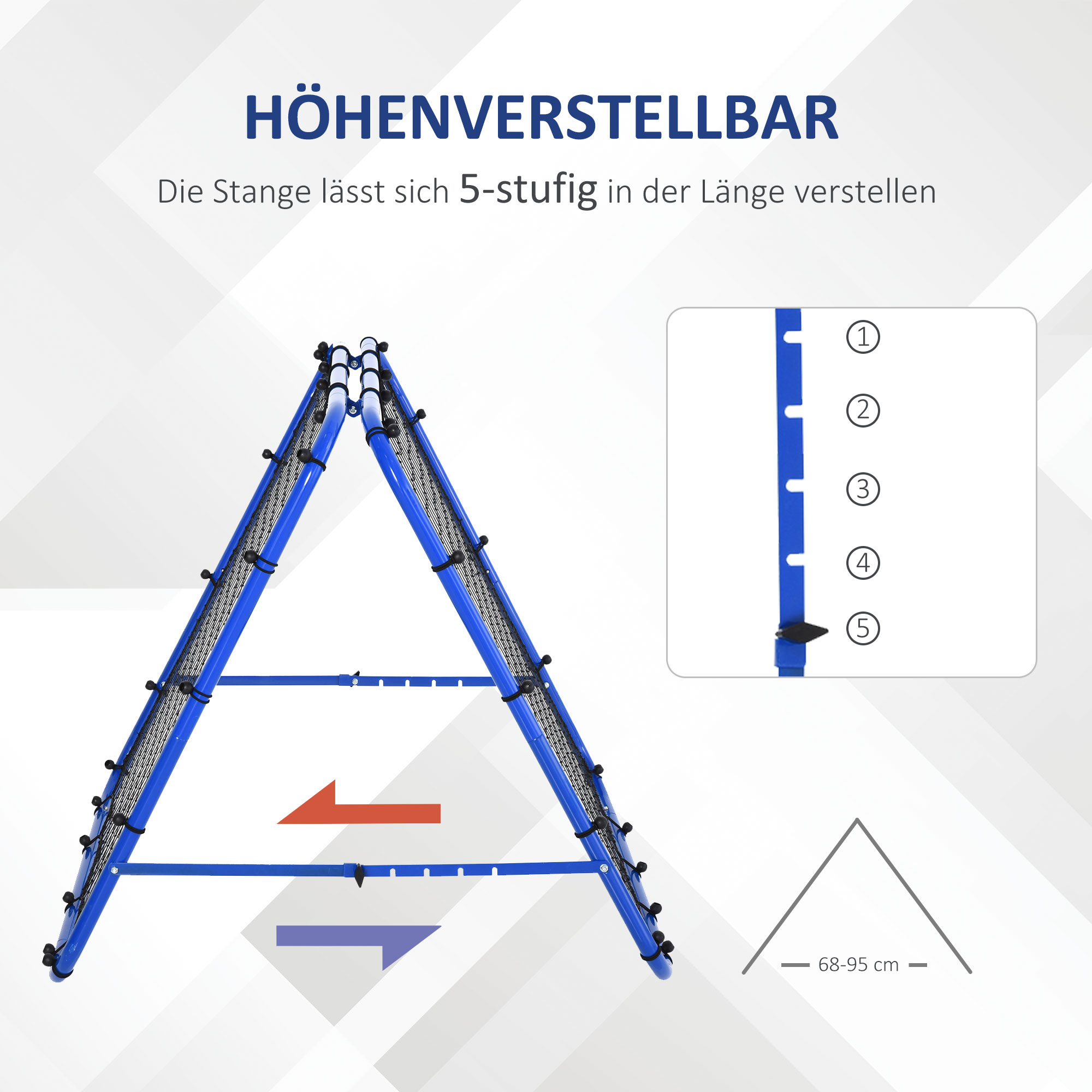 Blau und schwarze verstellbare Leiter mit Diagramm. Pfeil und Text: HöHENVERSTELLBAR.