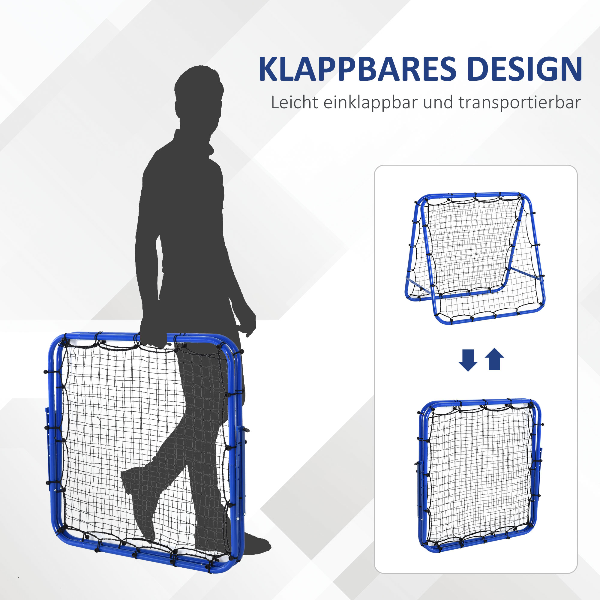 Ein blaues Netz mit blauem Rahmen, gehalten von einer Person. Weißer Hintergrund.