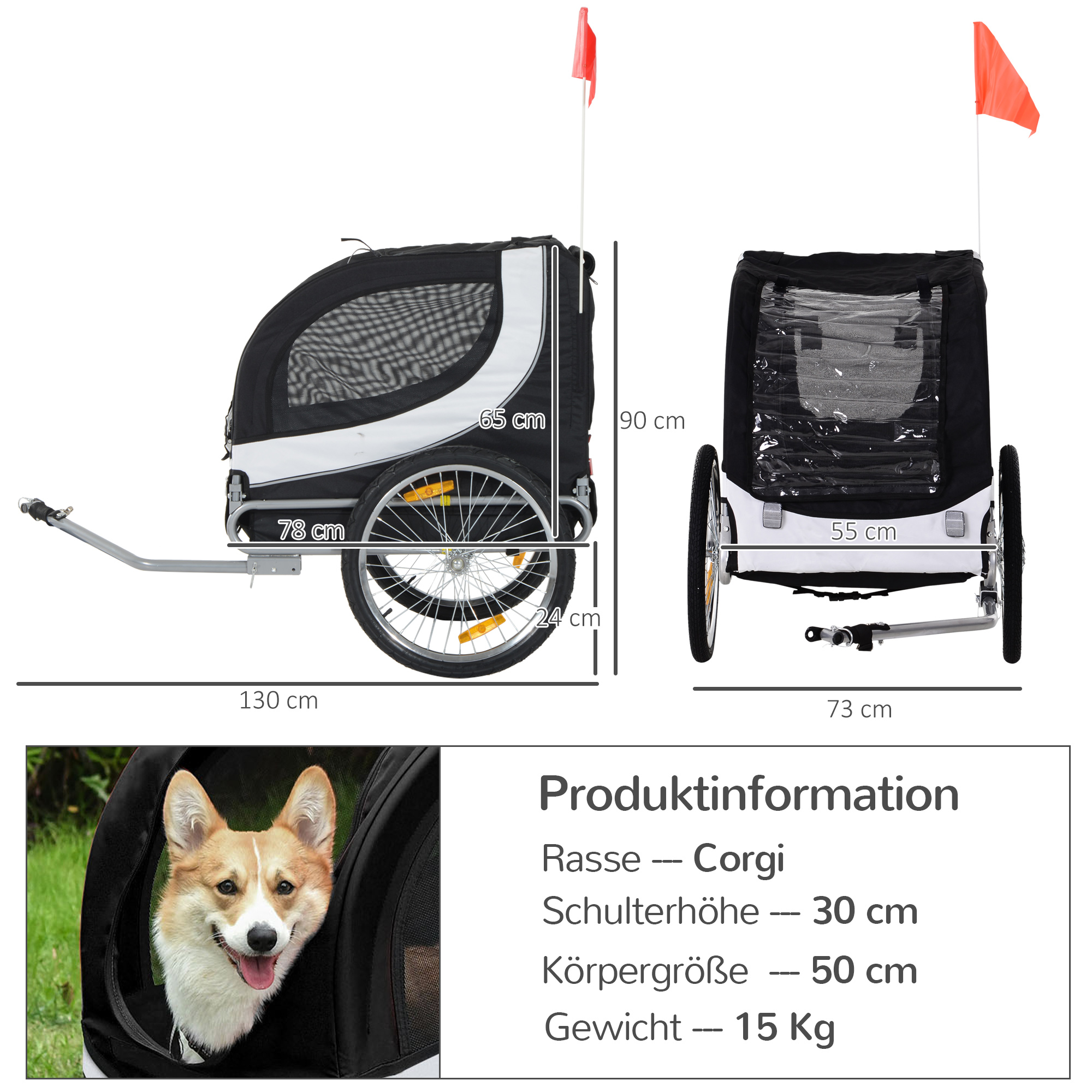 Ein Hundeanhänger mit Maßen und einem Corgi-Hund-Bild in der Ecke.
