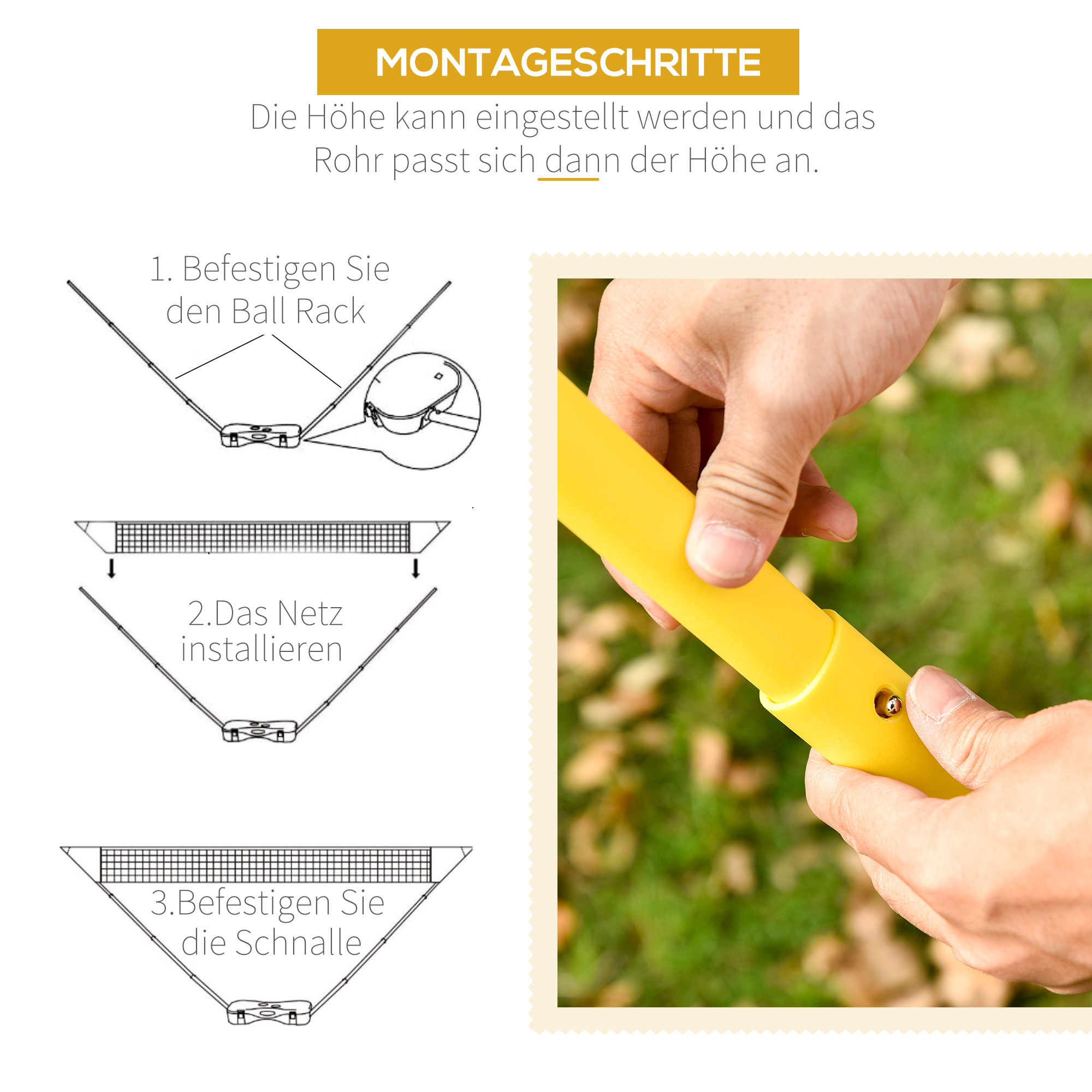 Montageschritte für ein Sportnetz: Ballhalter befestigen, Netz installieren und Schnalle befestigen.
