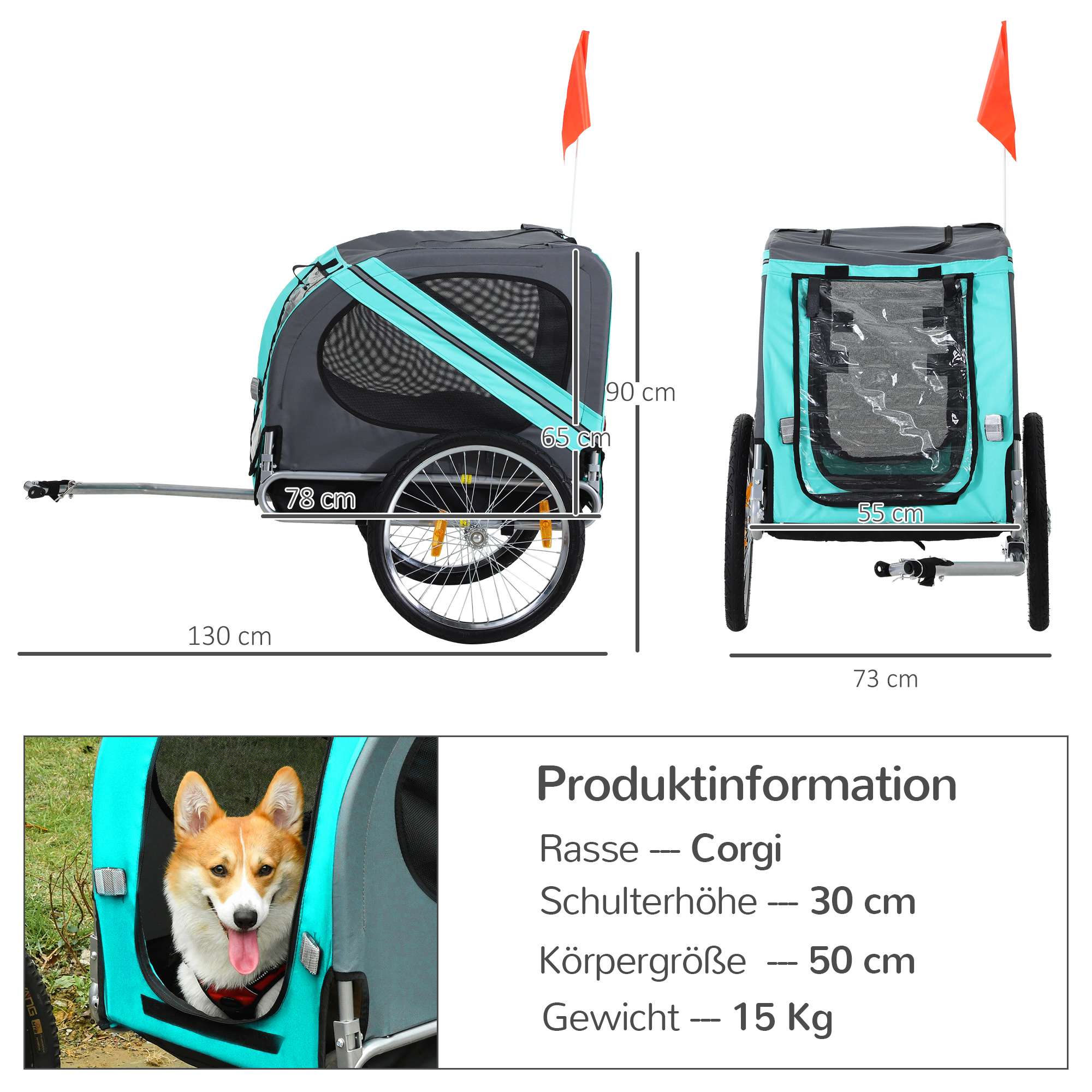 Hundeanhänger mit Hund im Inneren und Produktinformationen, weißer Hintergrund.