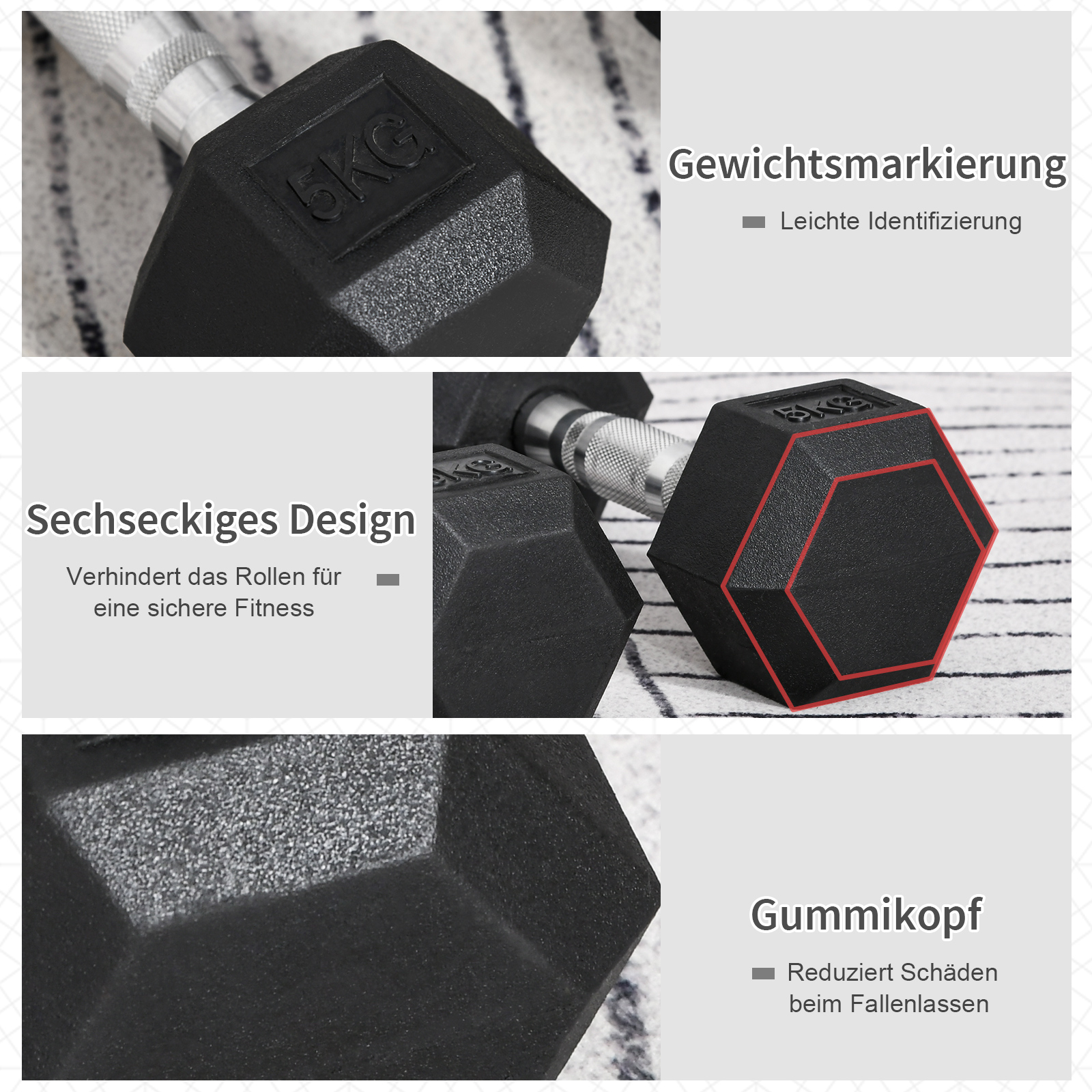 Bild einer Hantel, mit Beschreibungen: Gewichtskennzeichnung, sechseckiges Design und Gummikopf, mit Text.