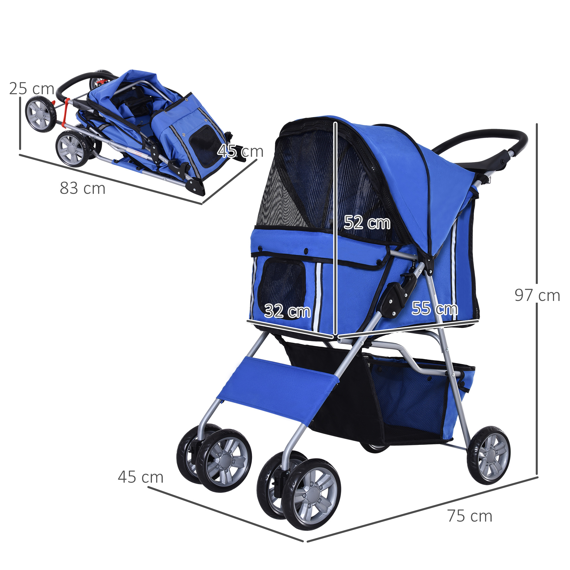 Passeggino blu per animali domestici, piegato e aperto, con dimensioni. Sfondo bianco.