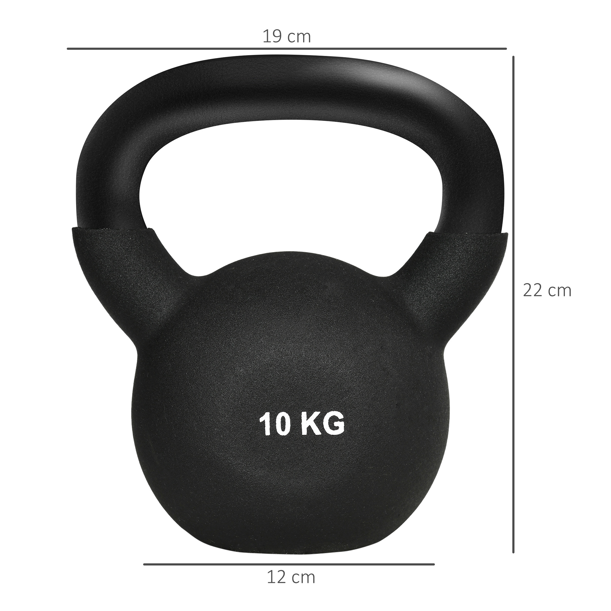 Schwarze Kettlebell mit weißem 10 KG-Text und Abmessungen.