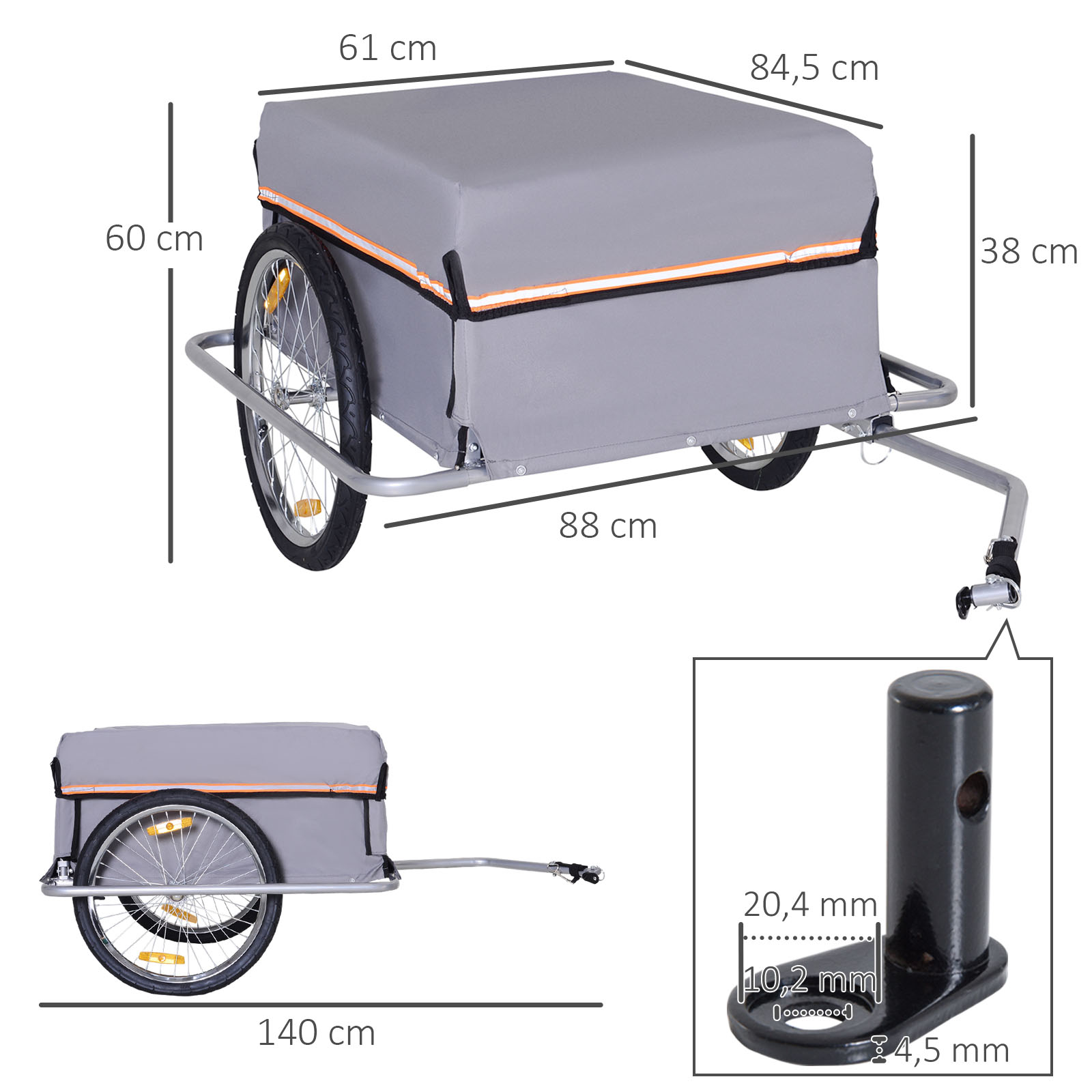 Grauer Fahrradanhänger mit Rädern, Abmessungen und Diagramm.