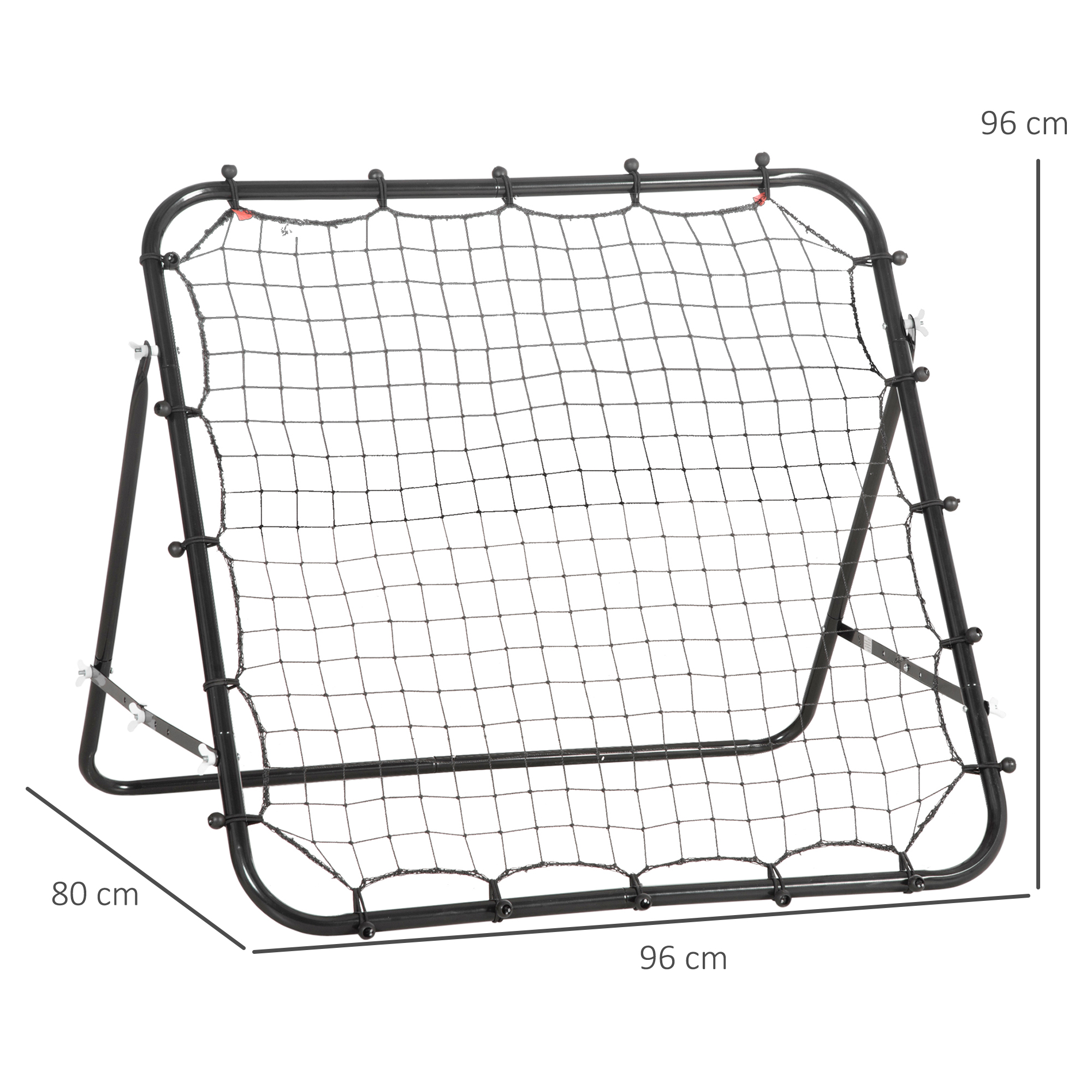 Rebote deportivo de red negra con medidas: 96cm x 96cm, y 80cm de ancho.