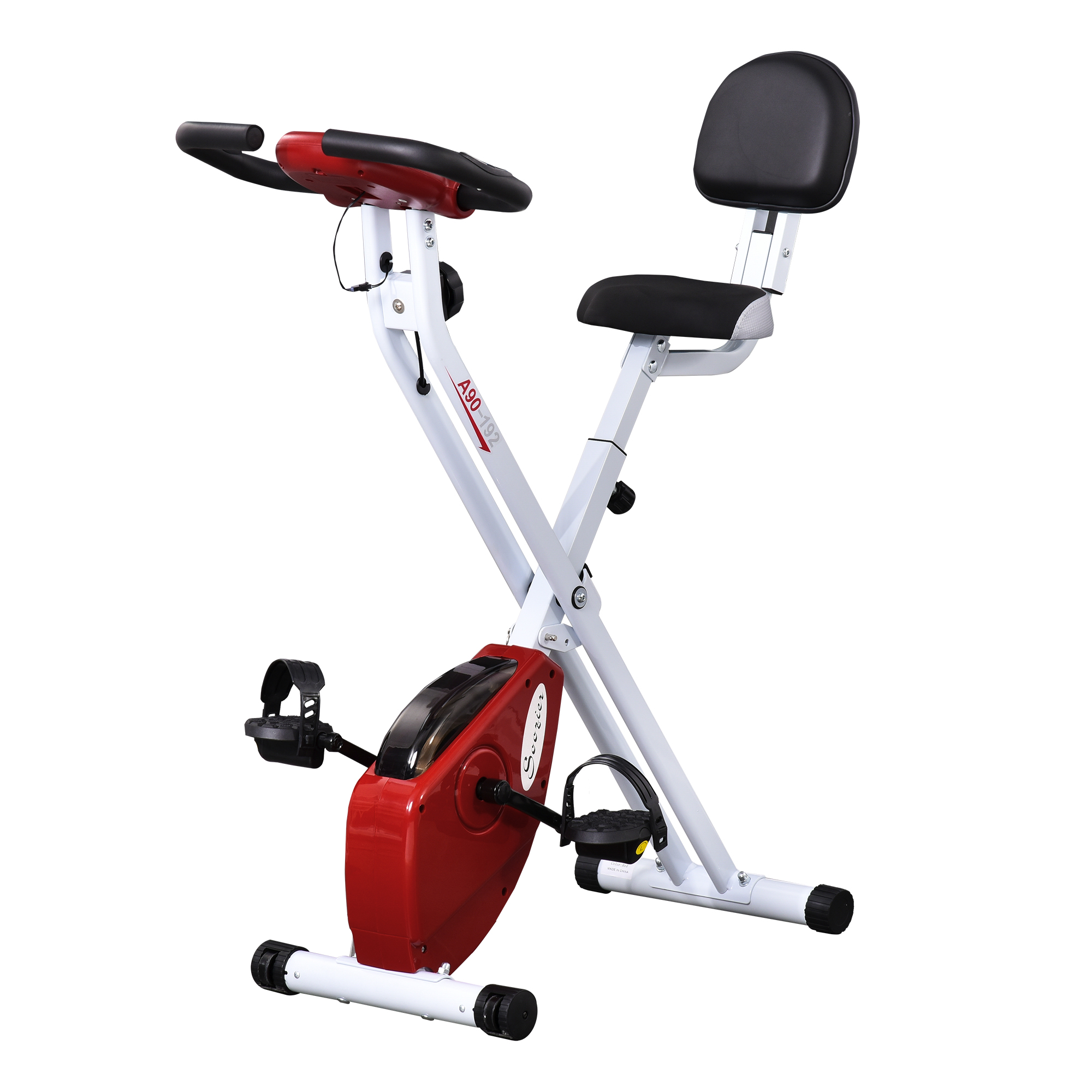 Ein weißes und rotes klappbares Heimtrainer mit schwarzem Sitz und Rückenlehne.