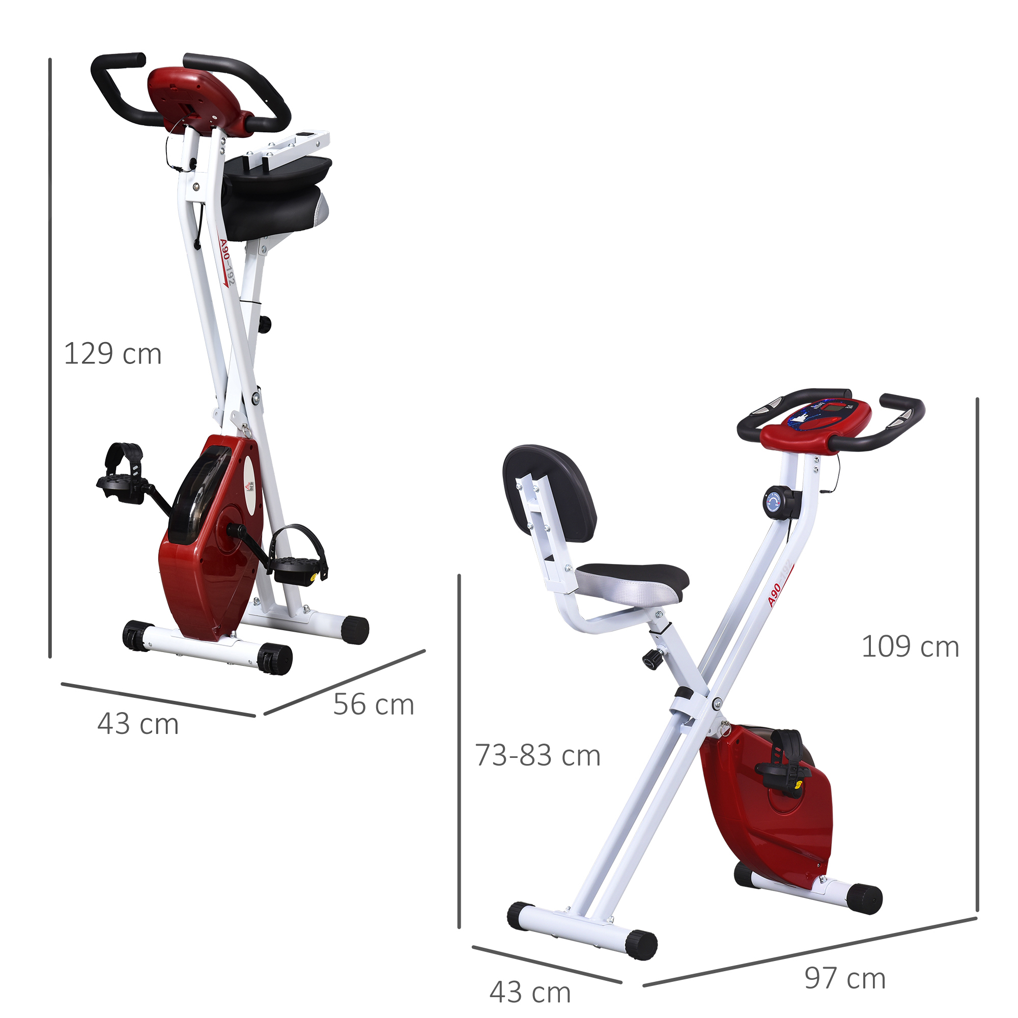Zwei Heimtrainer, einer zusammengeklappt. Abmessungen angegeben.