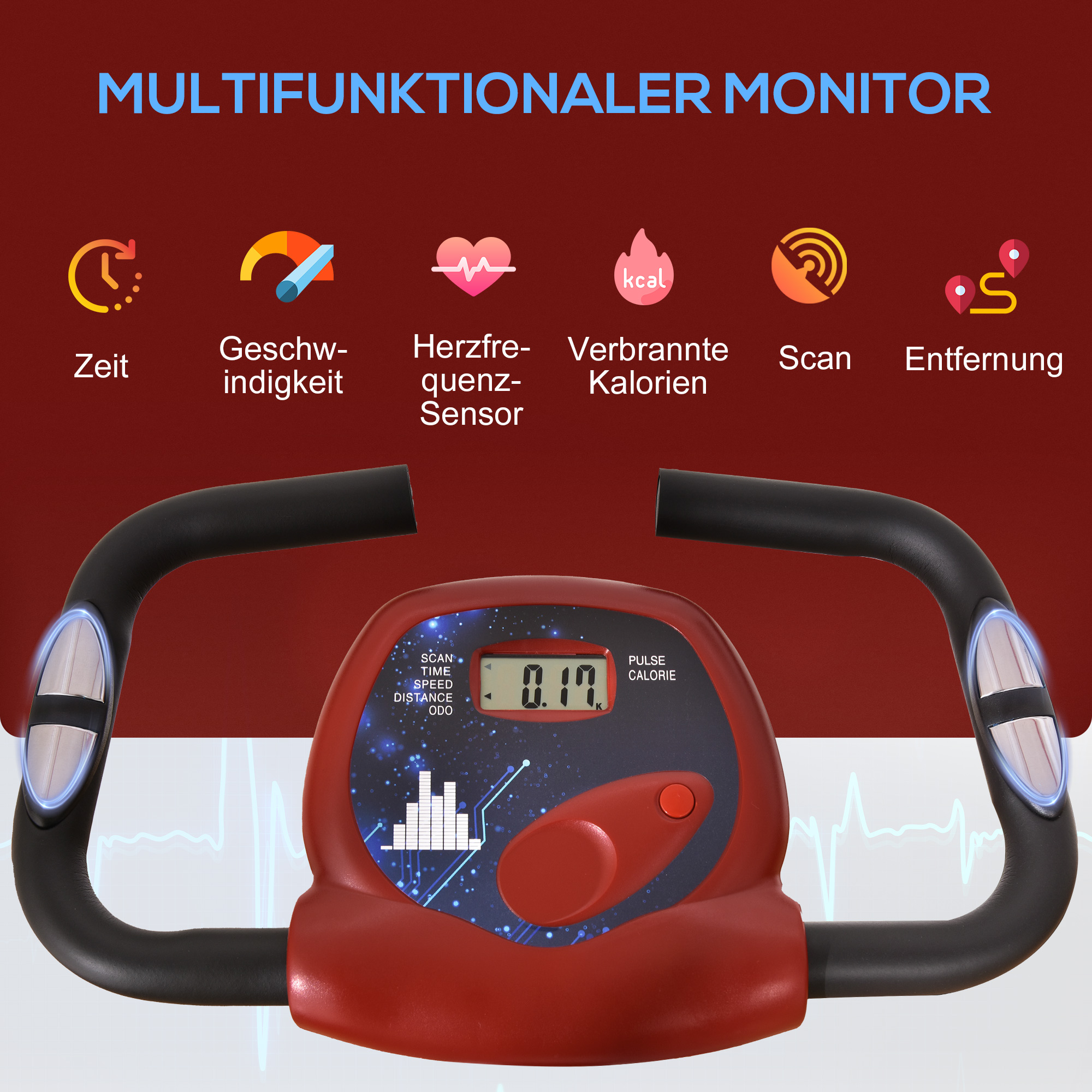Multifunktionsmonitor mit Symbolen für Zeit, Geschwindigkeit, Herzfrequenz, Kalorien, Scan und Entfernung.