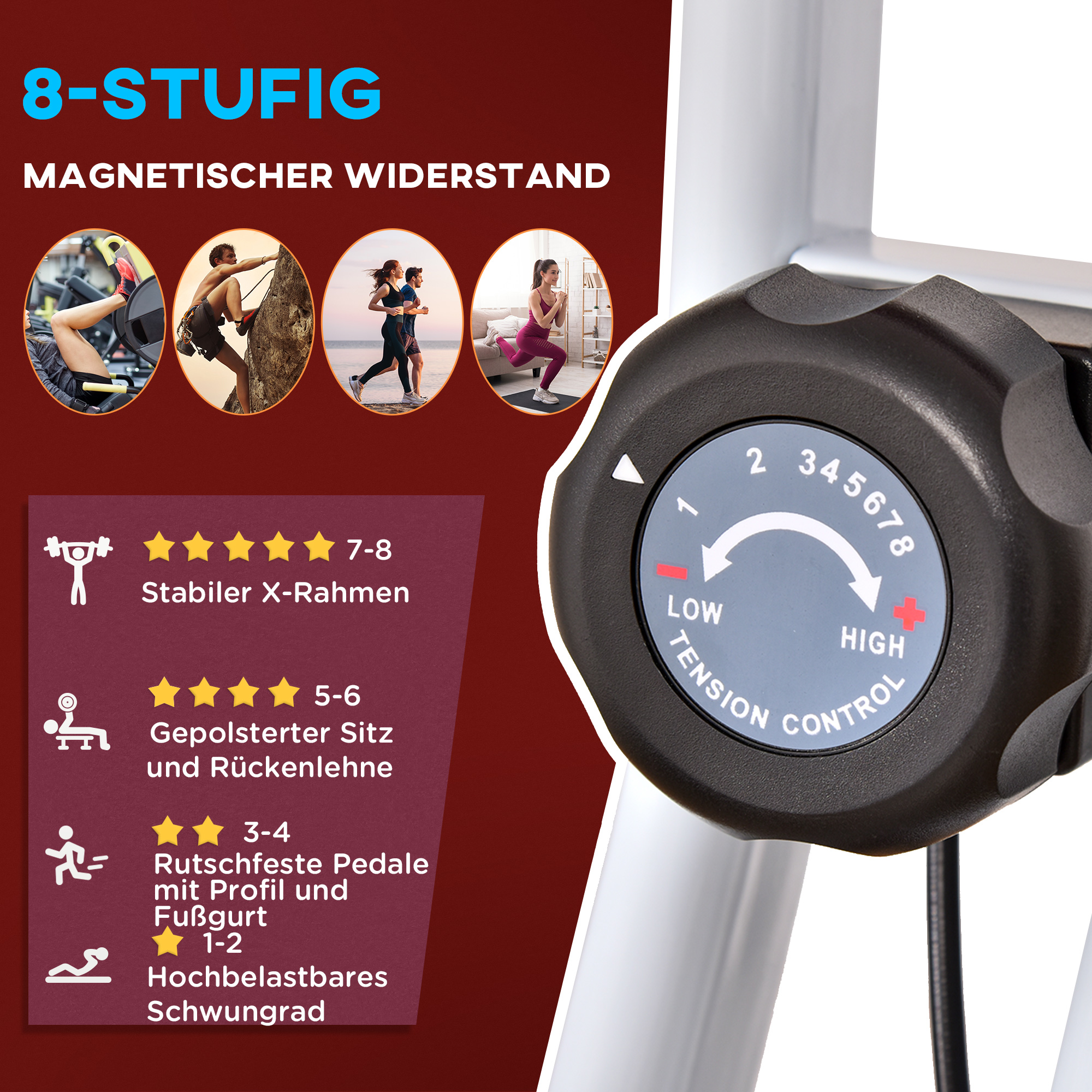 Nahaufnahme eines schwarzen Bedienknopfes mit Skala von 1-8 für magnetischen Widerstand.