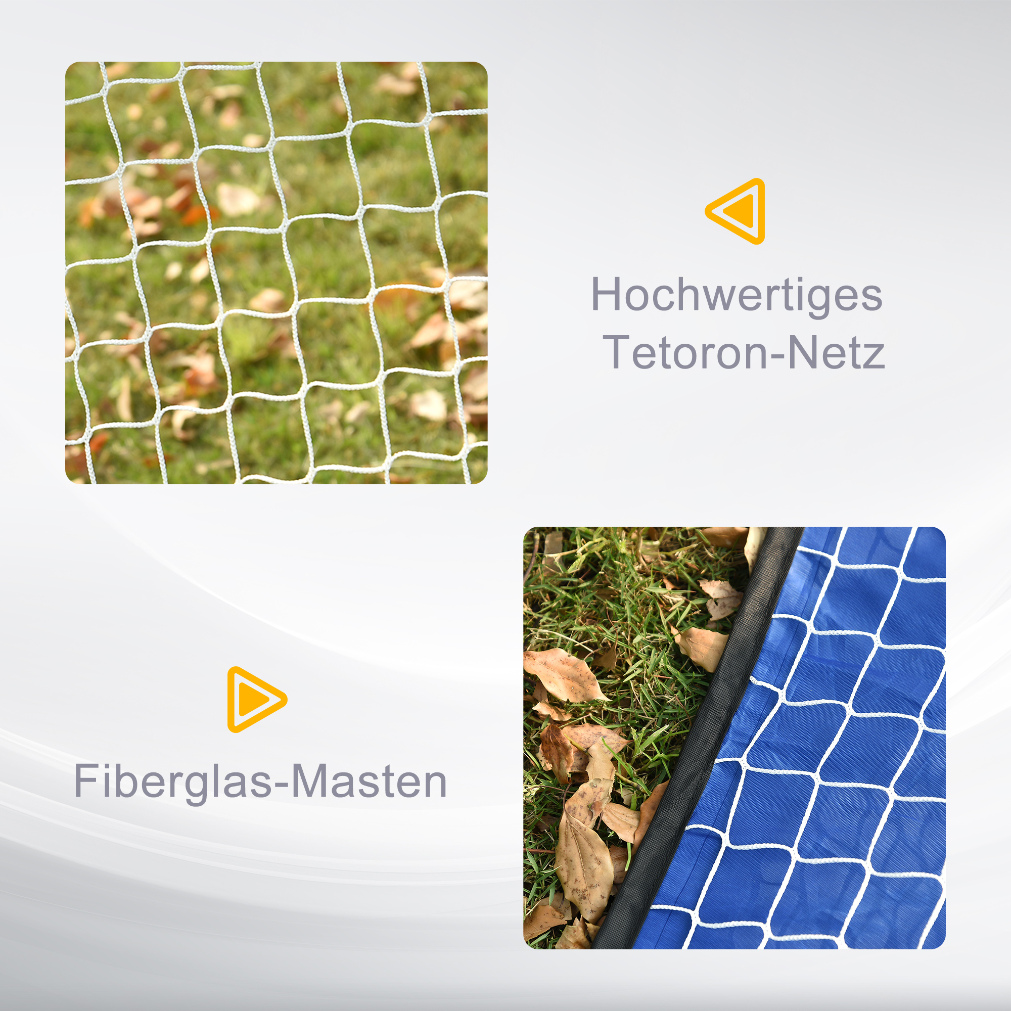 Nahaufnahme eines Fussballnetzes und Fussballtorpfostens. Text auf Deutsch beschreibt Netz und Pfosten.