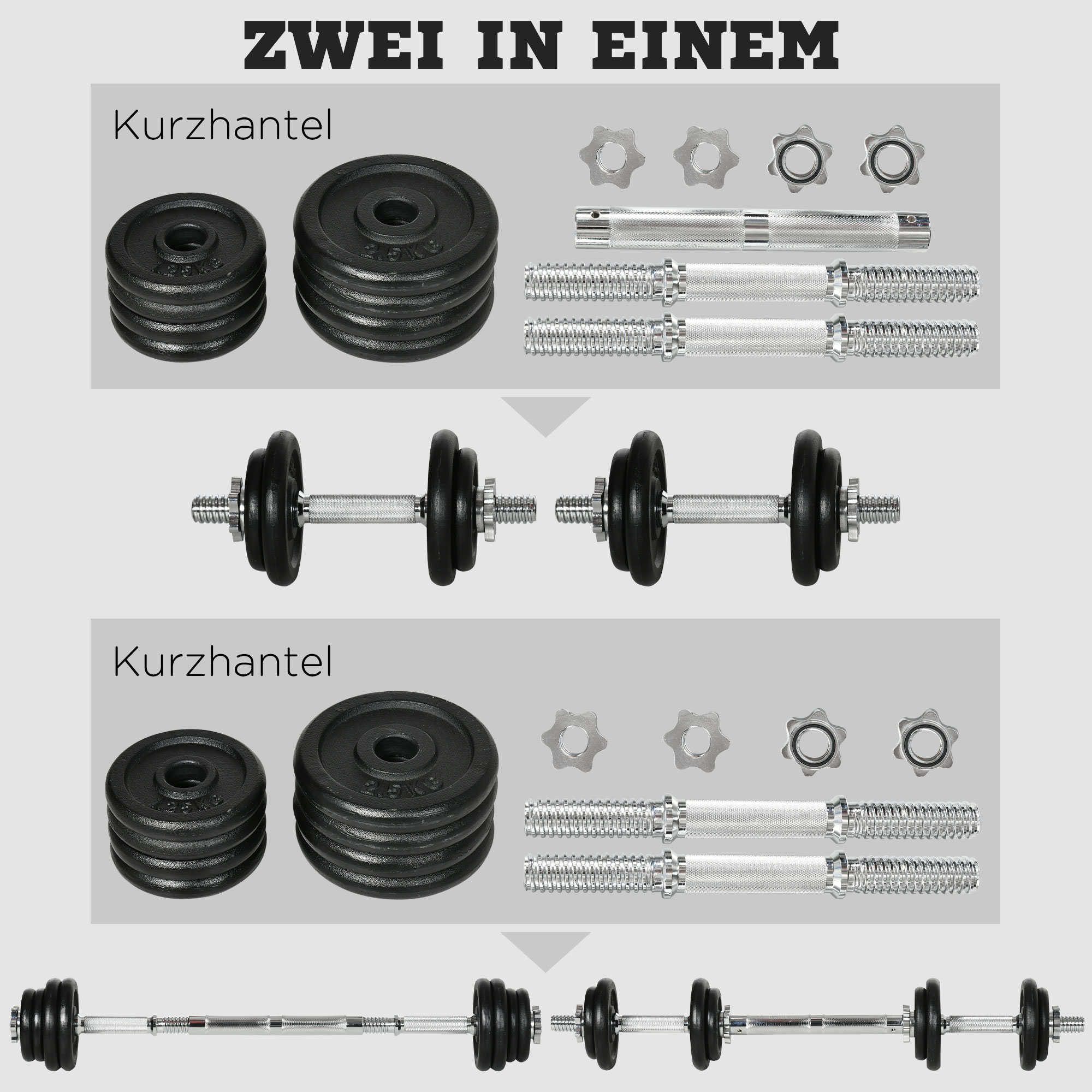 Zwei Hantelsets und Hantelscheiben, montagebereit. Weißer Hintergrund.