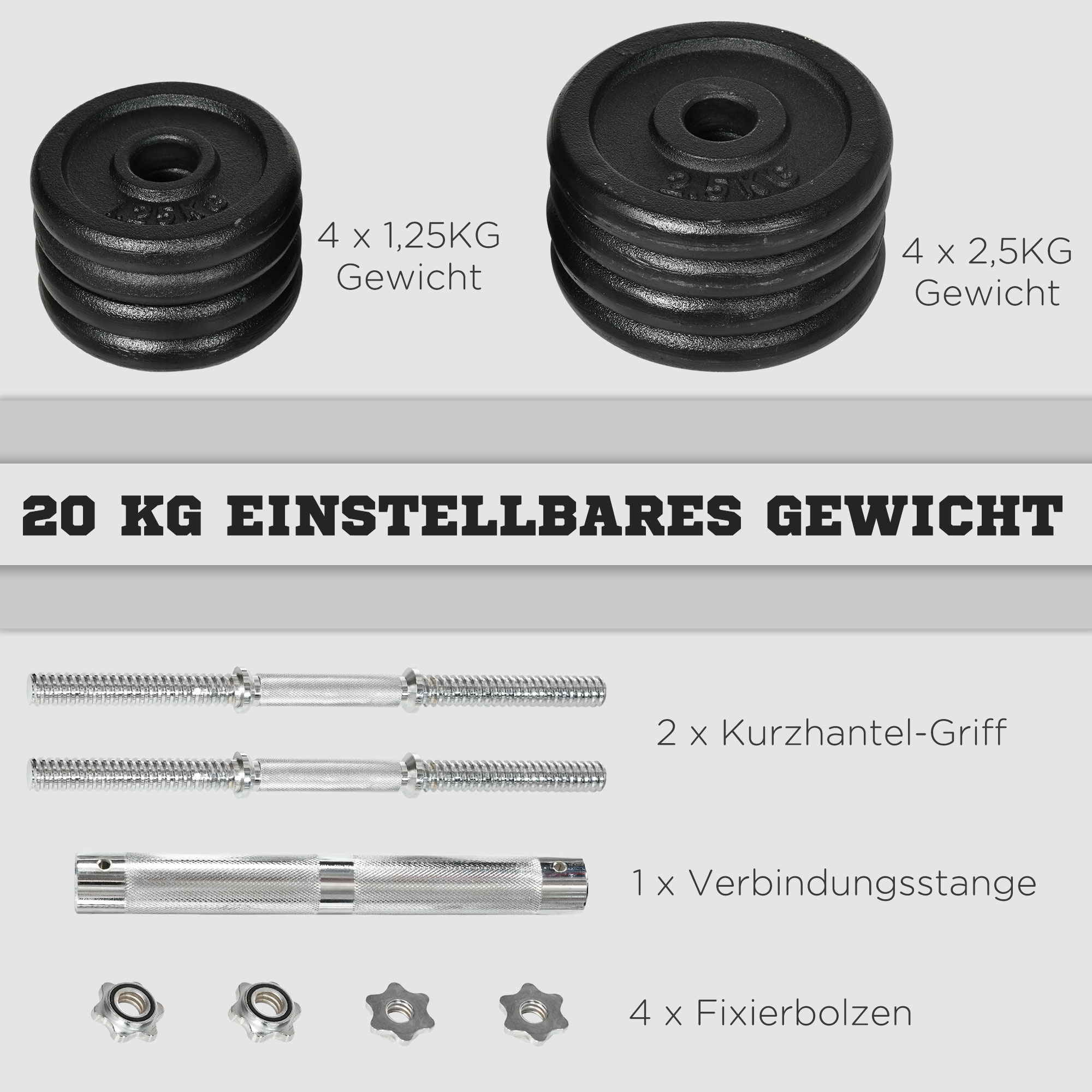 Ein Satz Gewichte, Hanteln und Fixierer. Enthält zwei Sätze Gewichte, zwei Hantelgriffe und Fixierer.