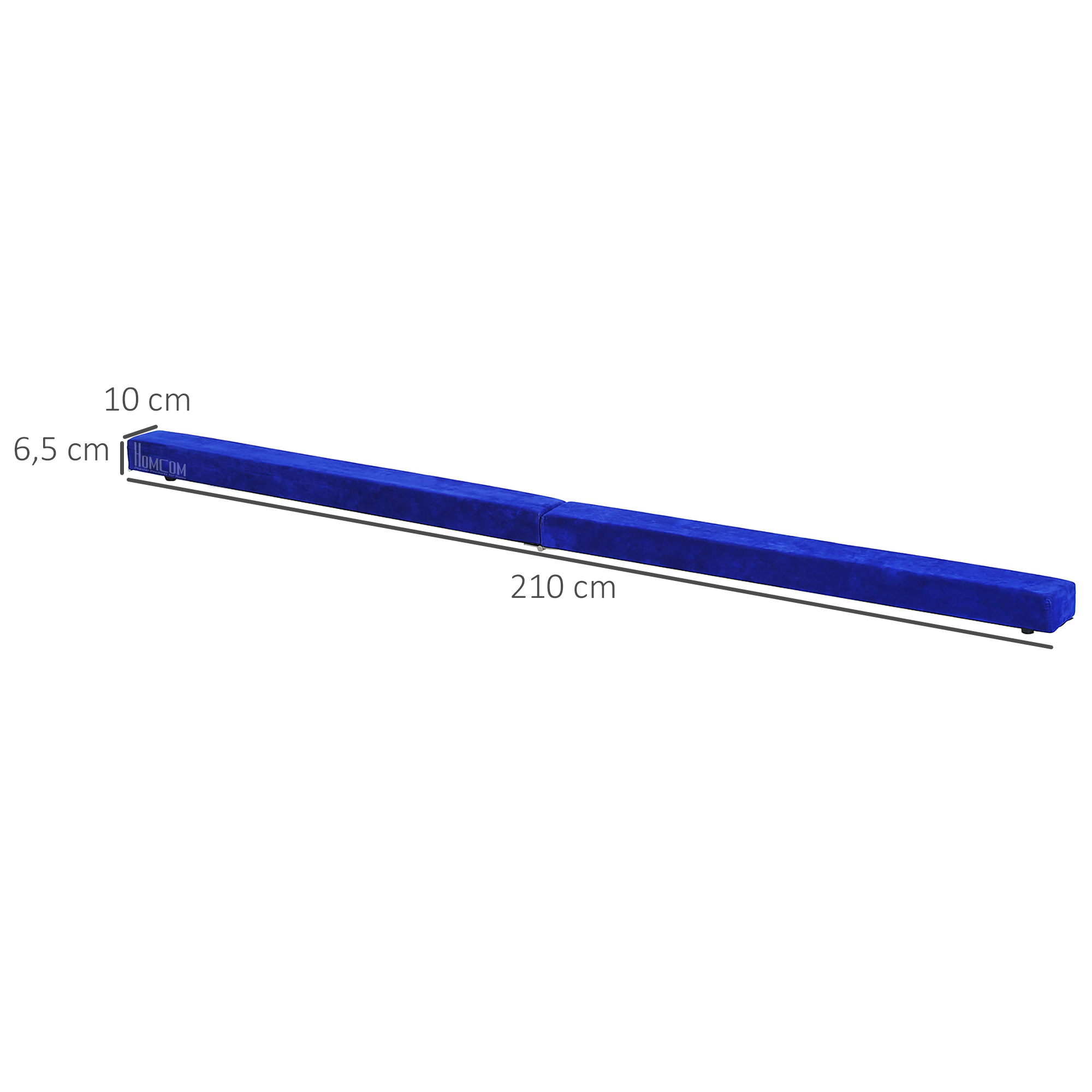 Un objeto rectangular azul largo sobre un fondo blanco. Está etiquetado con medidas: 210 cm de largo, 10 cm de ancho y 6,5 cm de alto.
