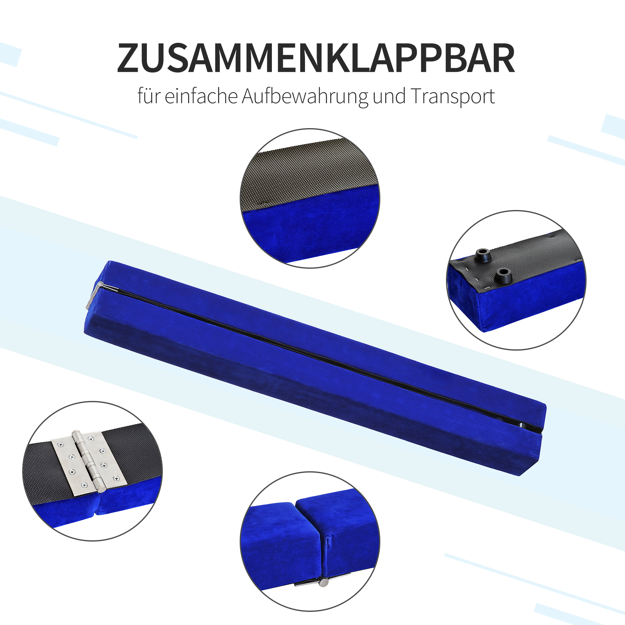 Ein blauer, zusammenklappbarer Gymnastik-Trainingsbalken mit schwarzem Netz und Scharnieren, mit Details der Gelenke.