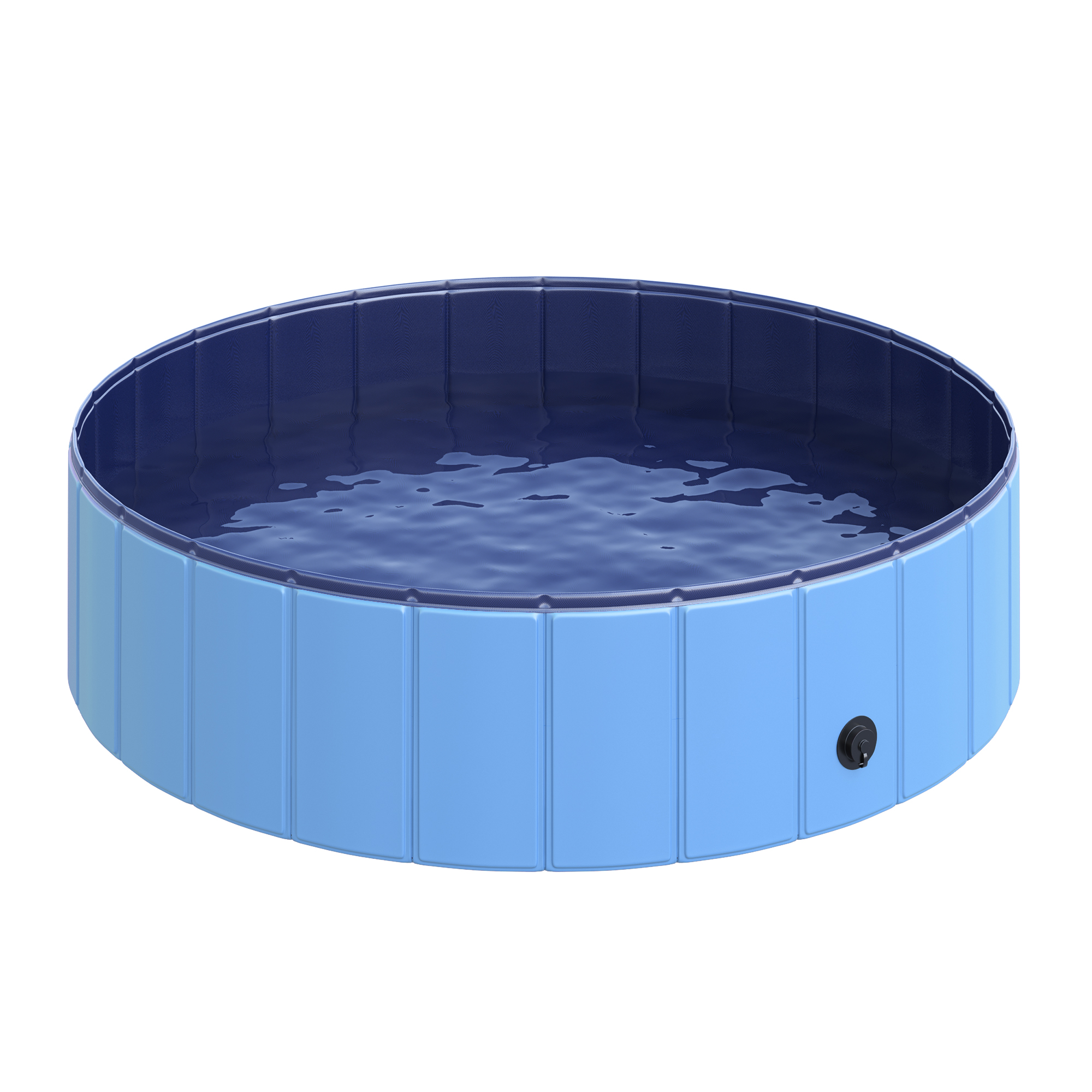 Una piscina rotonda pieghevole blu e azzurra riempita d'acqua. La piscina è vuota.